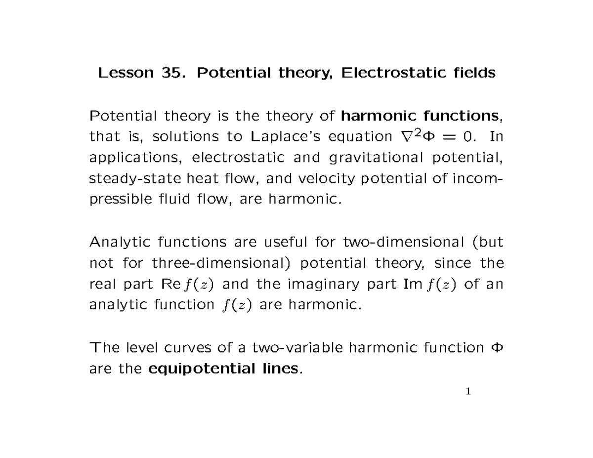 Lecture 35 Lesson 35. Potential theory, Electrostatic fields