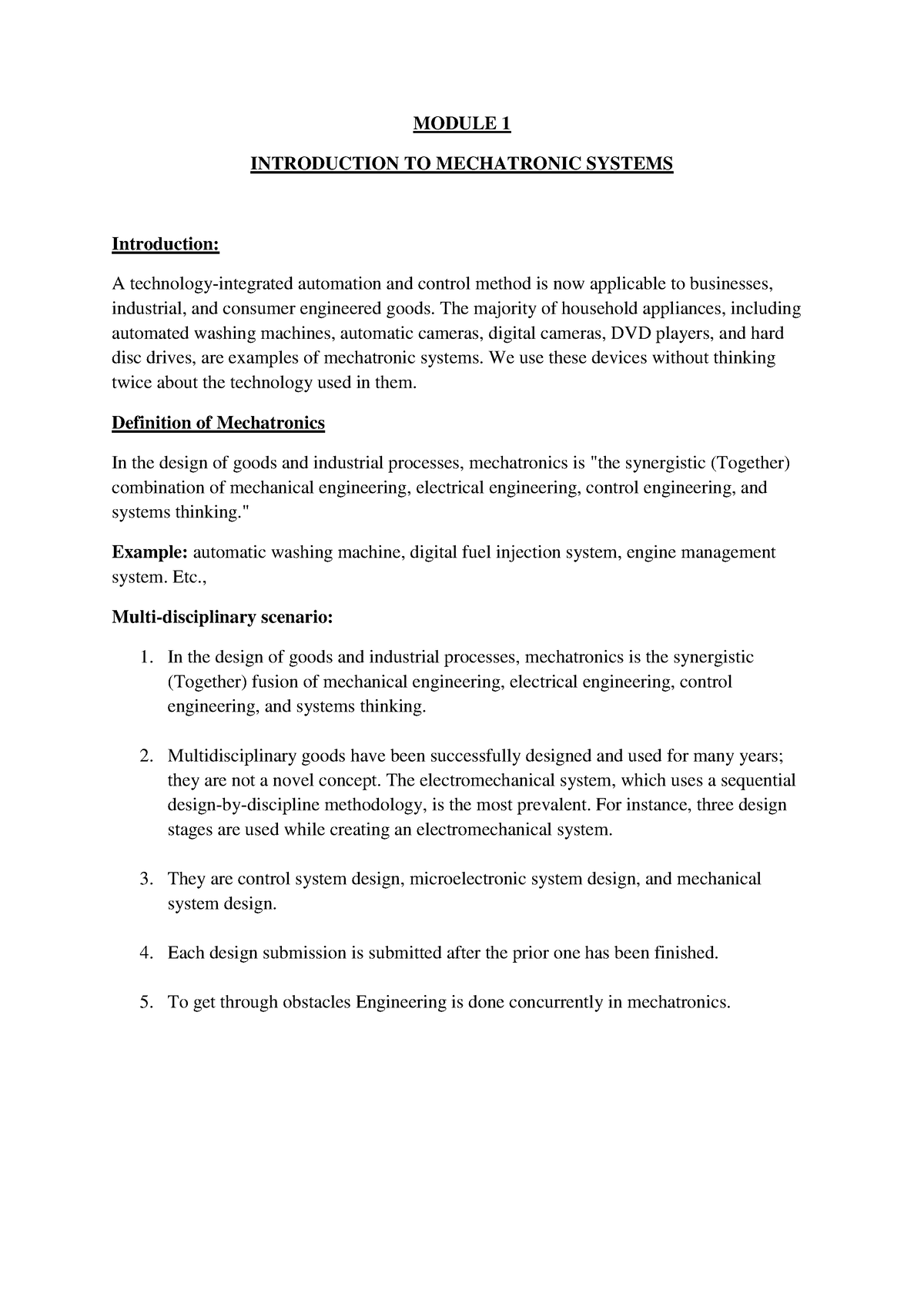 Module 1 PART 1 - Lecture Notes Of Mechatronics - MODULE 1 INTRODUCTION ...