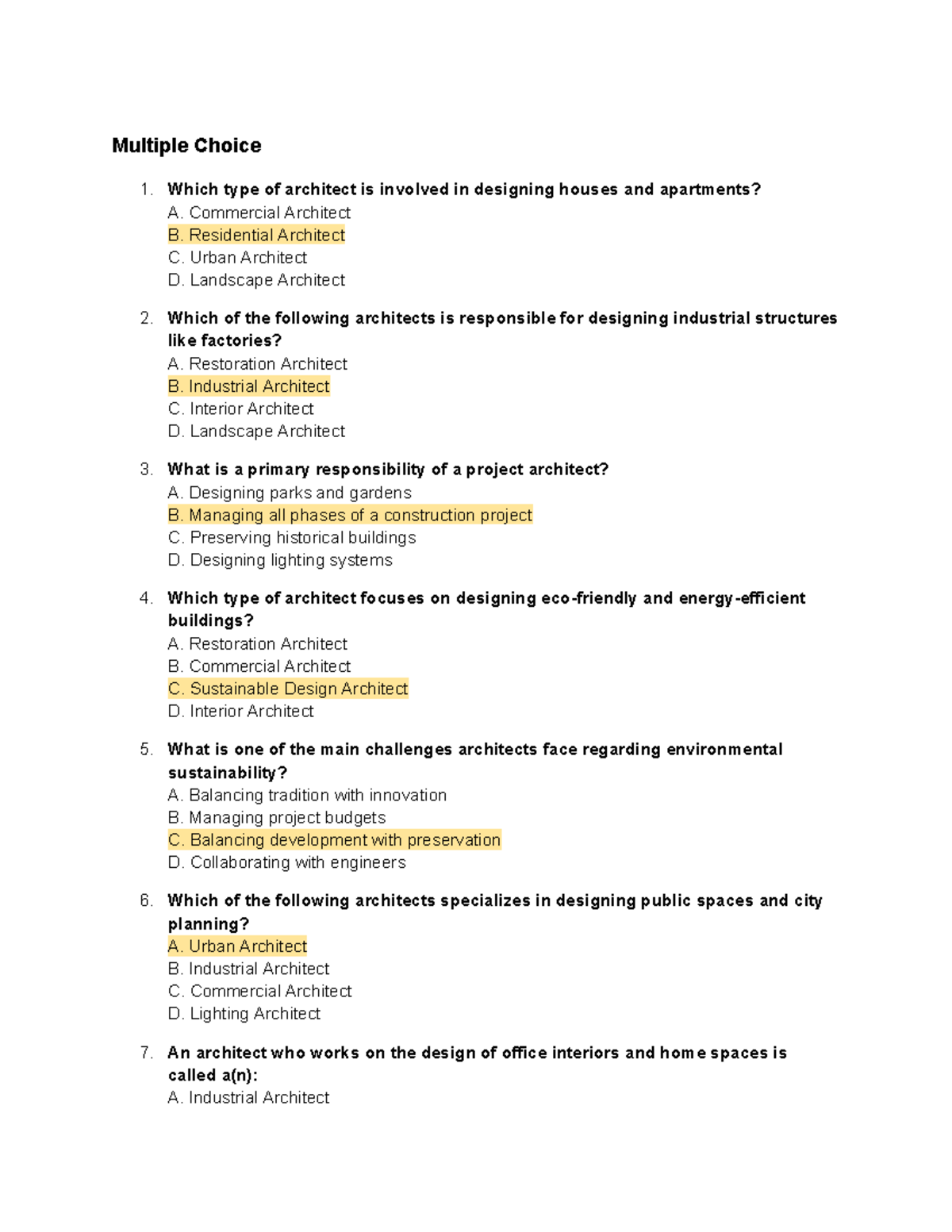 Group 01 - Career in Architecture (Answer Key) - Multiple Choice Which ...