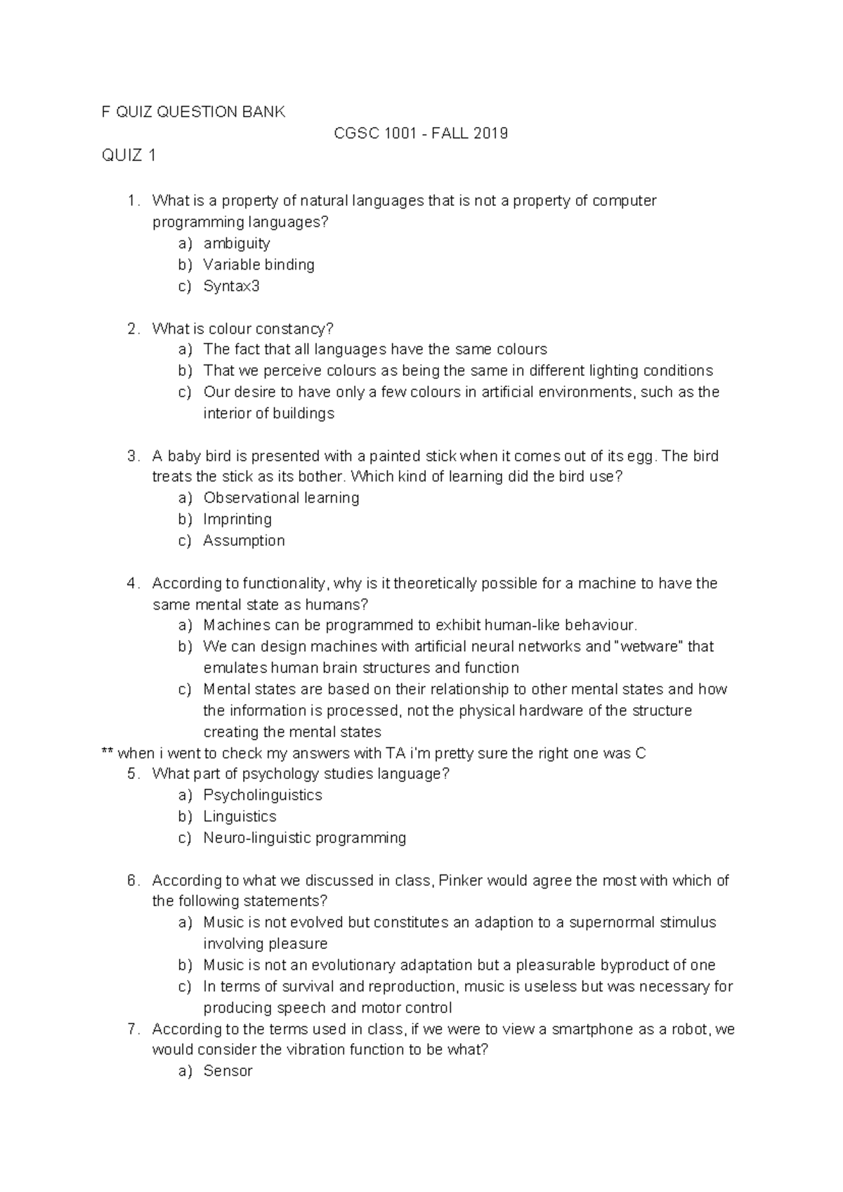 F QUIZ Question BANK - F QUIZ QUESTION BANK CGSC 1001 - FALL 2019 QUIZ ...