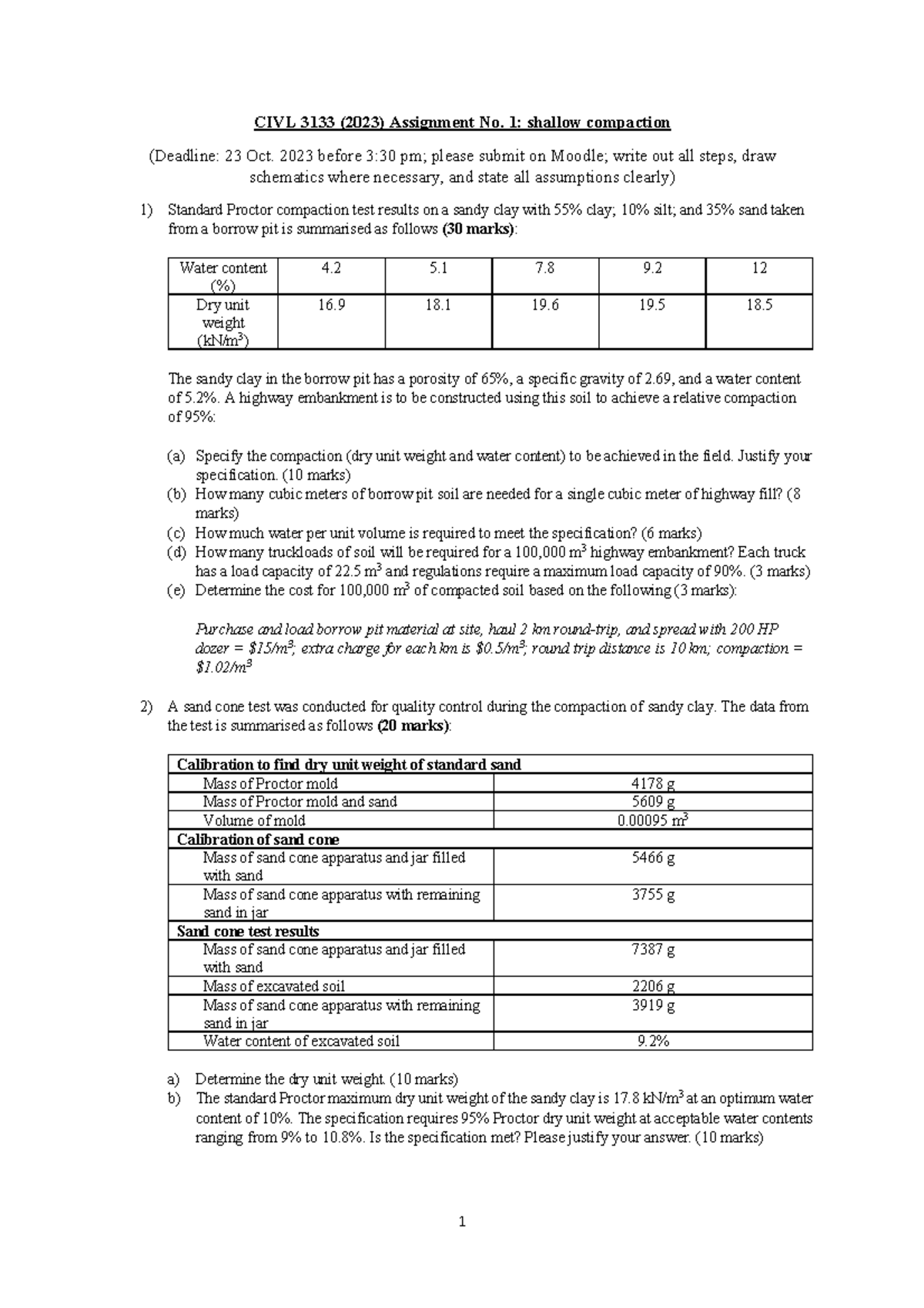 2023 Assignment 1 questions - 1 CIVL 3133 (202 3 ) Assignment No. 1 ...