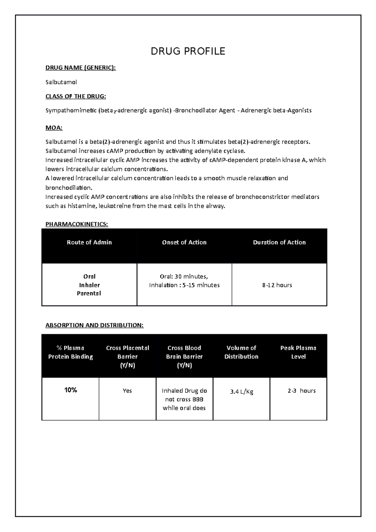 Salbutamol DRUG PROFILE DRUG NAME (GENERIC) Salbutamol CLASS OF THE