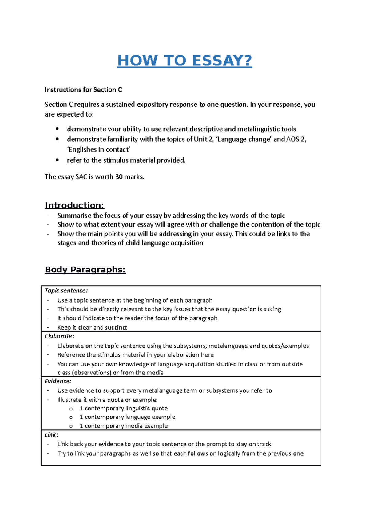 HOW TO Essay - HOW TO ESSAY? Instructions for Section C Section C ...