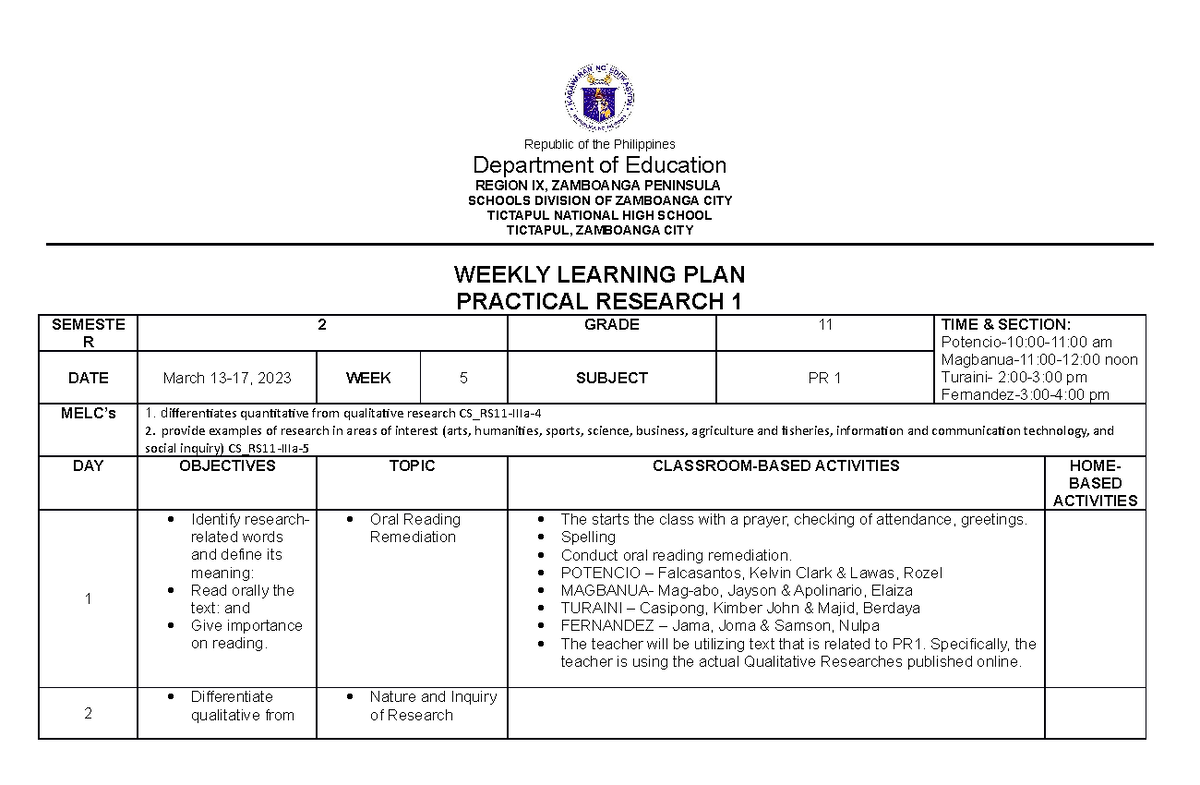WLP-W5 - Republic of the Philippines Department of Education REGION IX ...