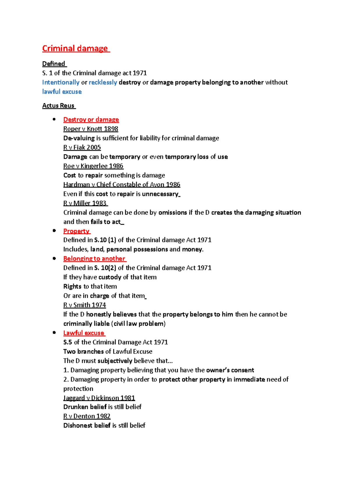 Criminal damage Summary revision notes LAW5023B UEA Studocu