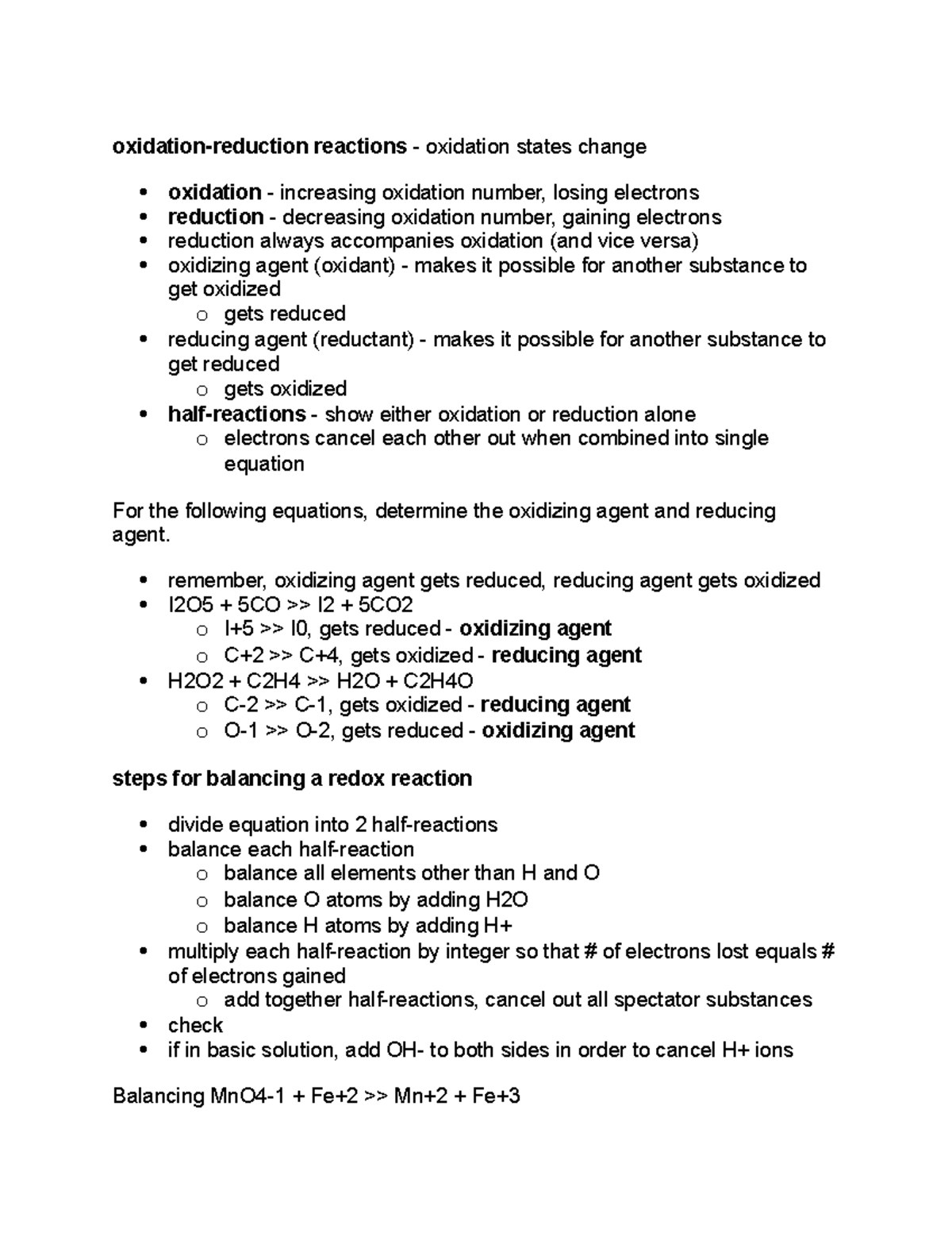 Topic 11 - Class Notes - oxidation-reduction reactions - oxidation ...