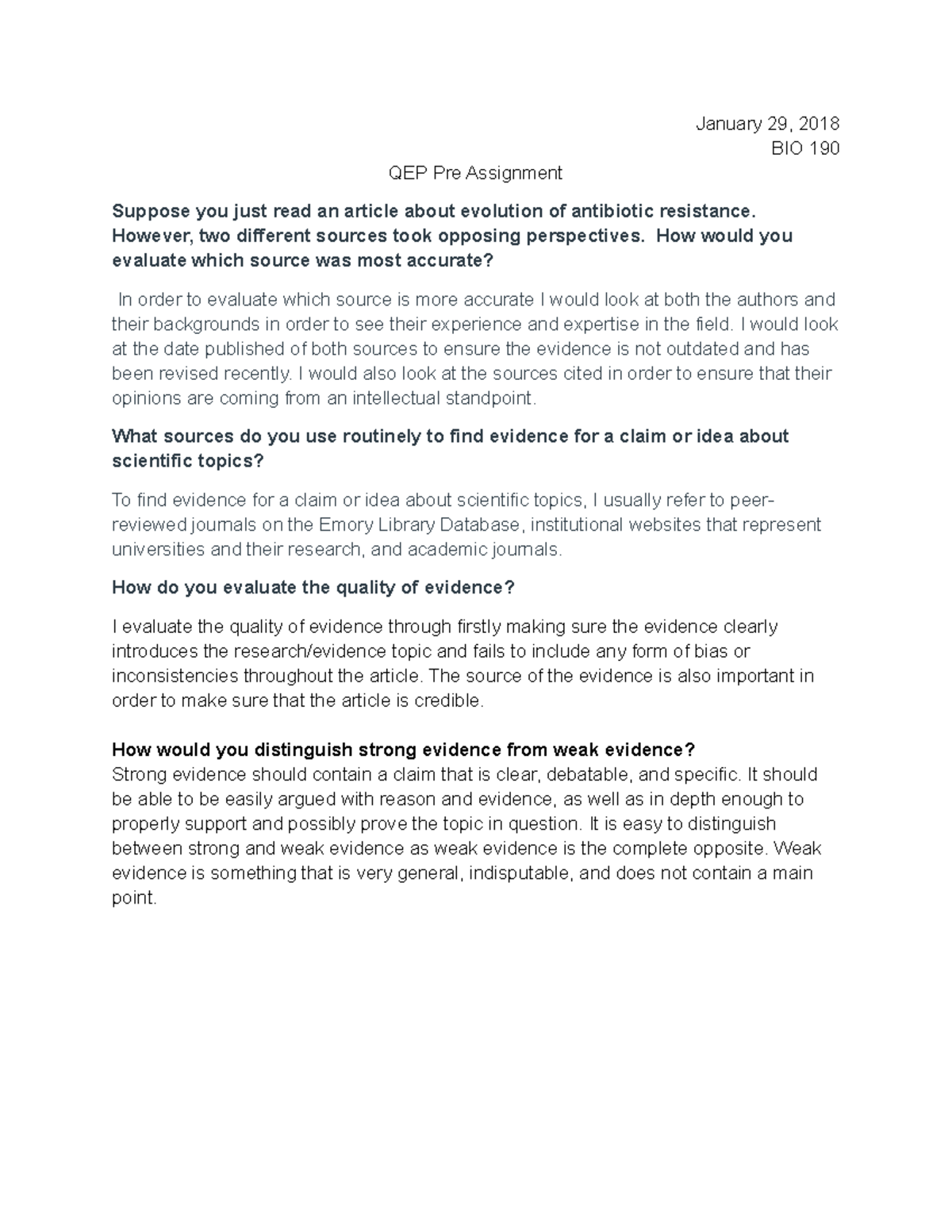 QEP Pre Assignment - January 29, 2018 BIO 190 QEP Pre Assignment ...