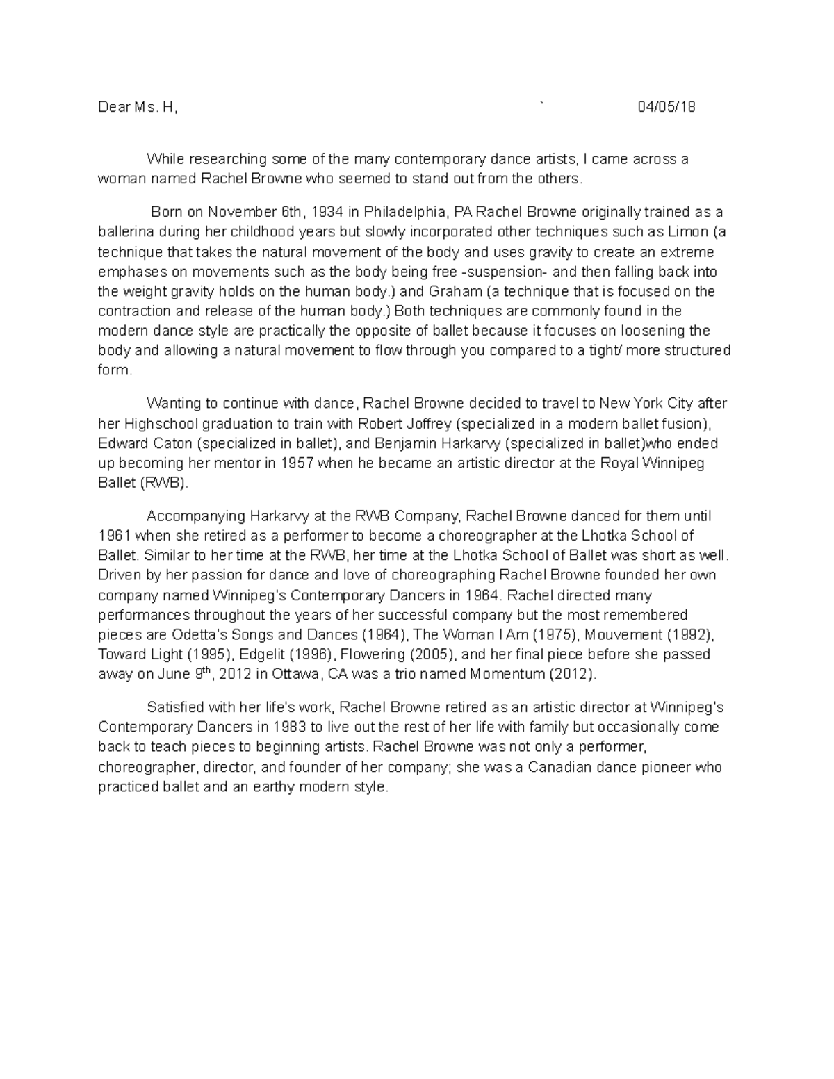 Dance Review Summary Dear Ms. H, ` 04/05/ While researching some of
