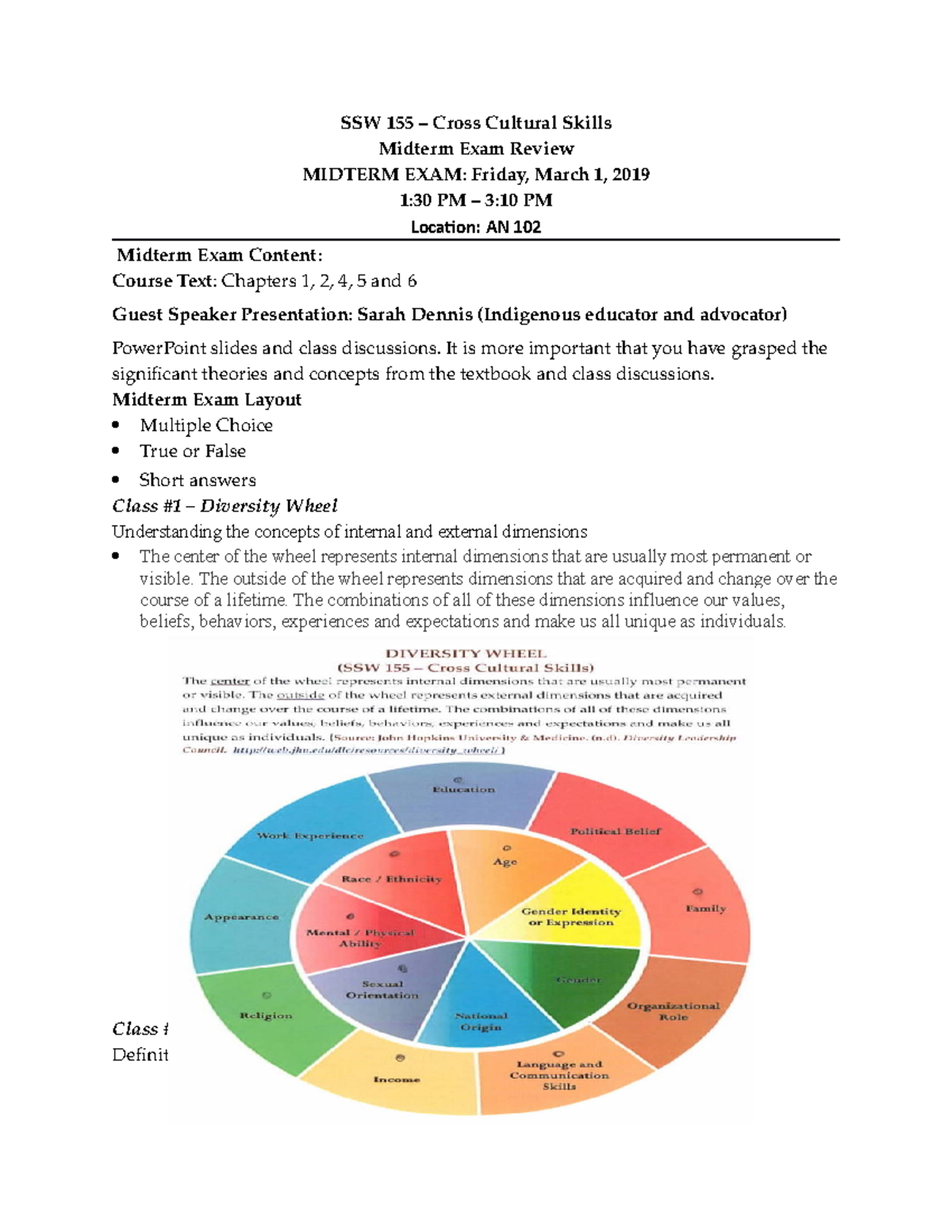 Midterm 2019, questions and answers - SSW 155 – Cross Cultural Skills ...