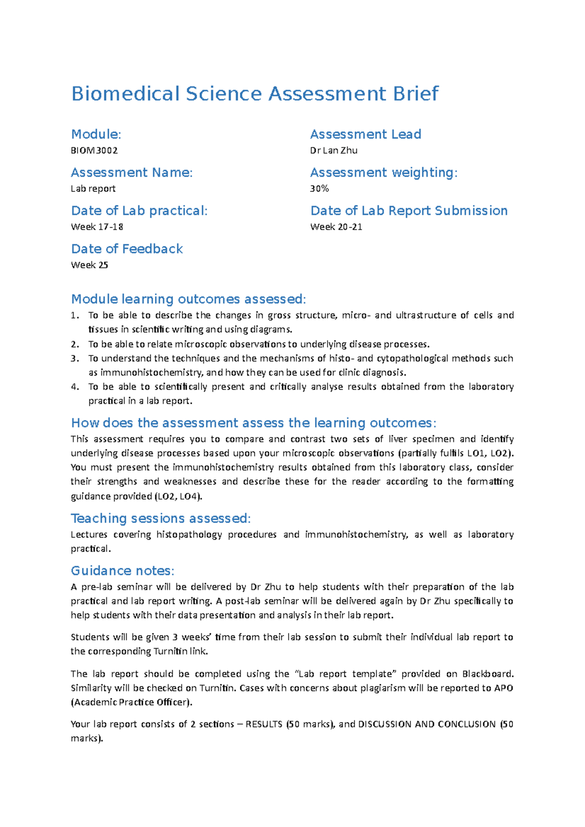 BIOM3002 lab report Assessment Brief 2020-2021 - Biomedical Science ...