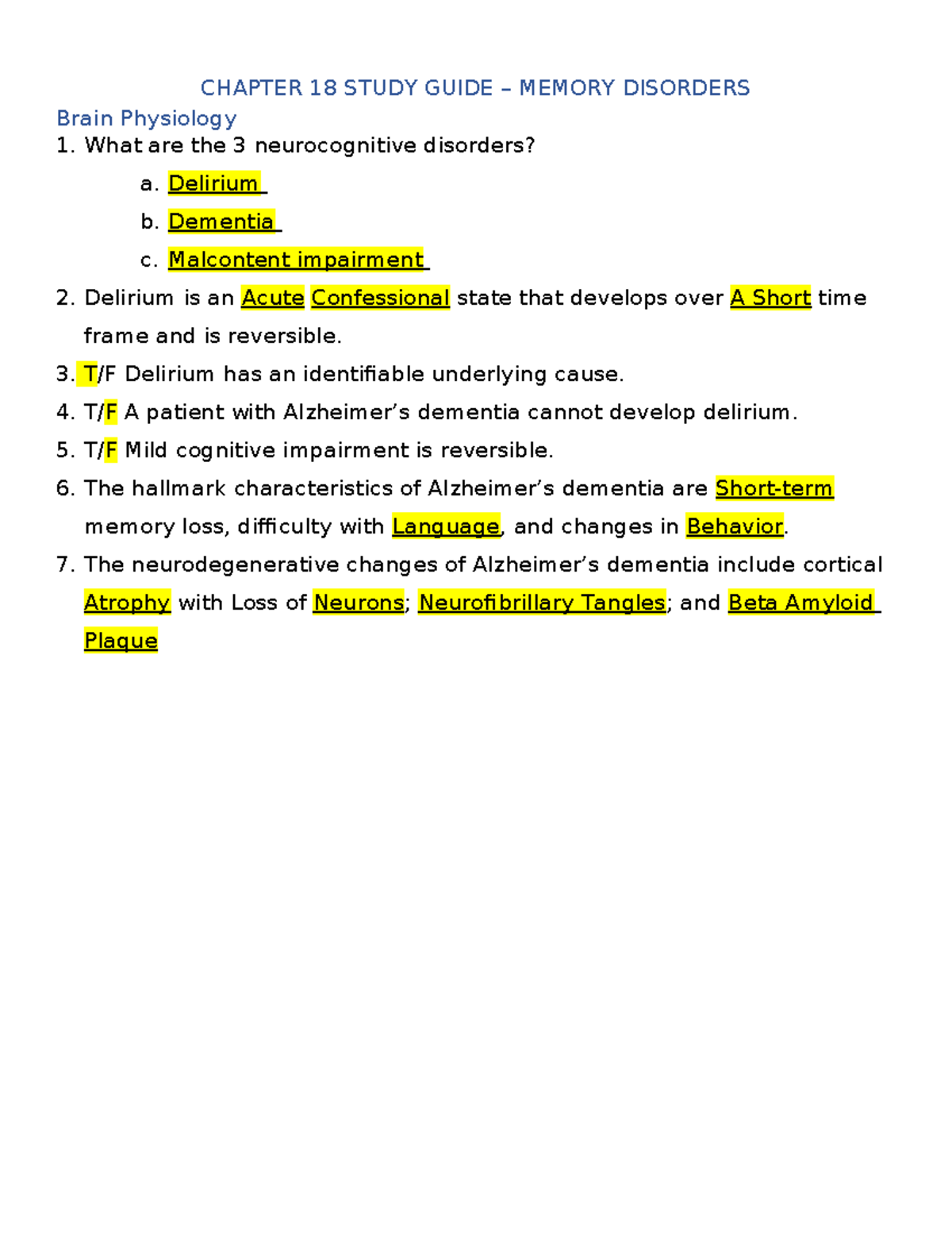 Chapter 18 Study Guide Wissmar - CHAPTER 18 STUDY GUIDE – MEMORY ...