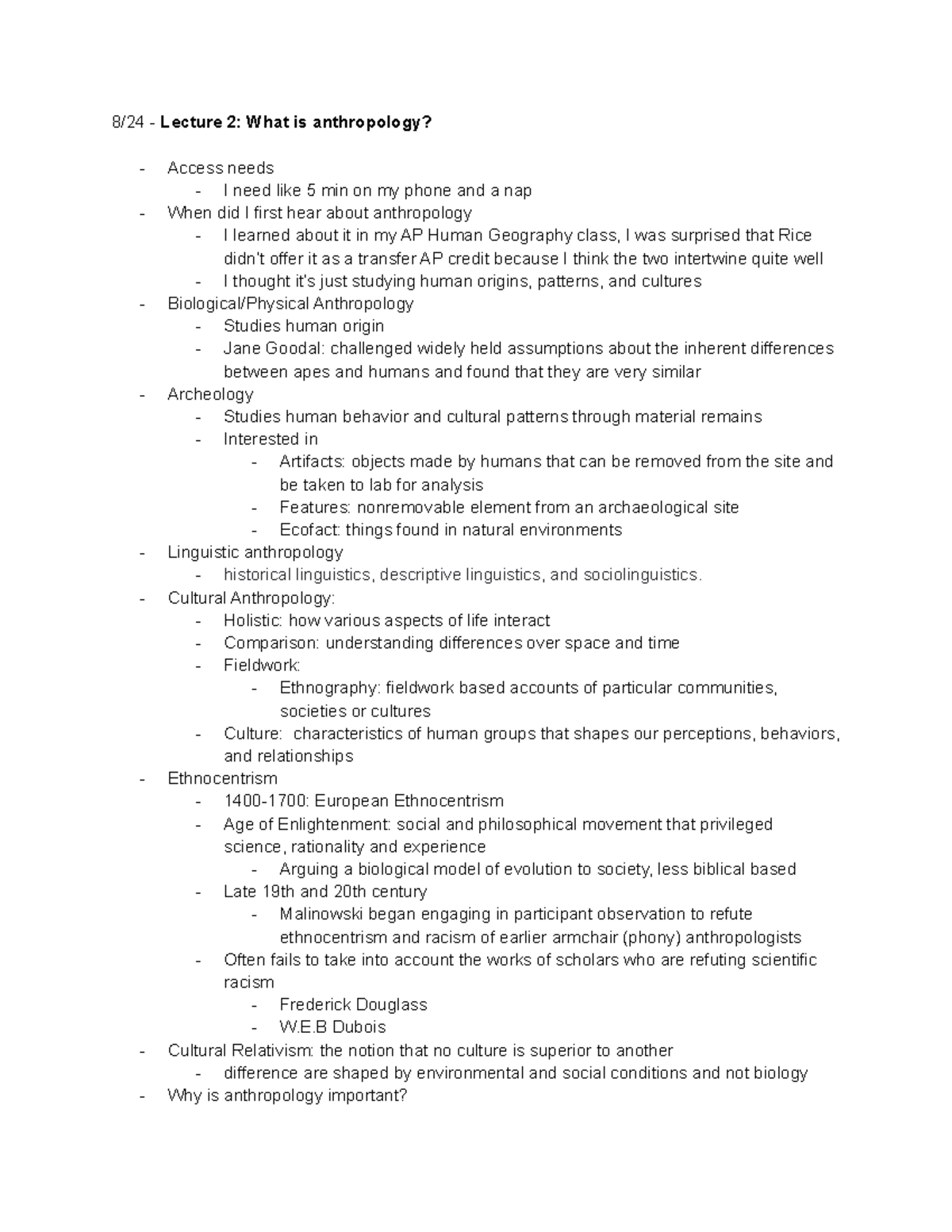 ANTH 201 In class notes - Estrella - 8/24 - Lecture 2: What is ...