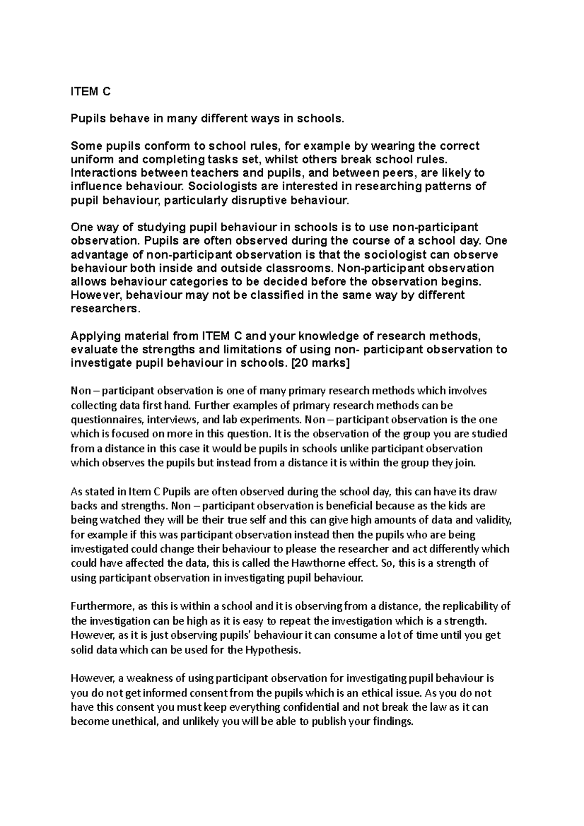 Sociology past paper theory and methods 10 and 20 marker - ITEM C ...