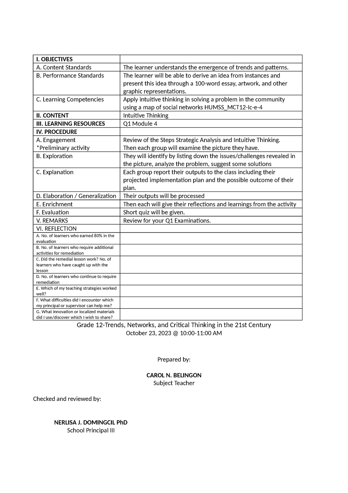 DLP for Class Observation - I. OBJECTIVES A. Content Standards The ...