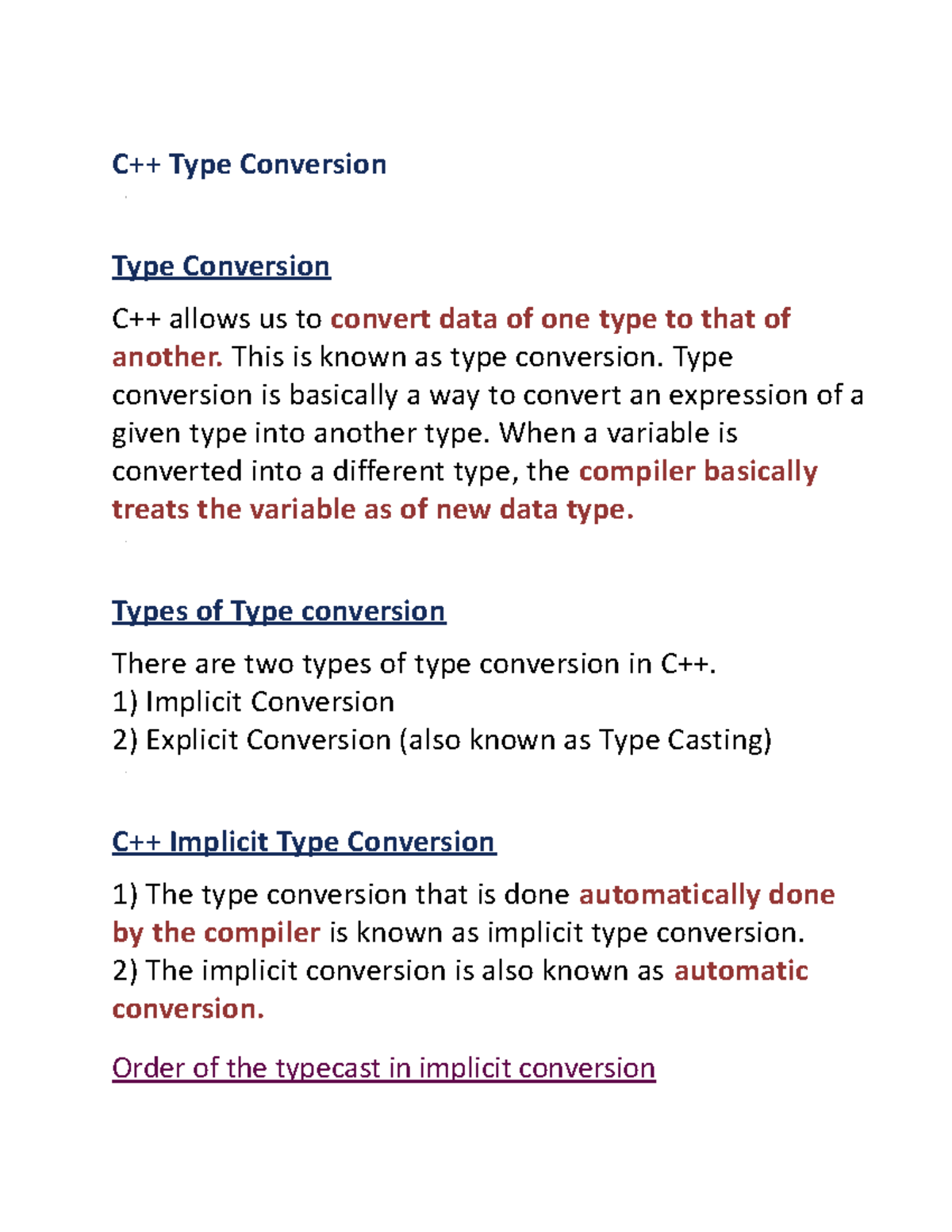 OBJECT ORIENTED PROGRAMMING - C++ Type Conversion Type Conversion C++ ...