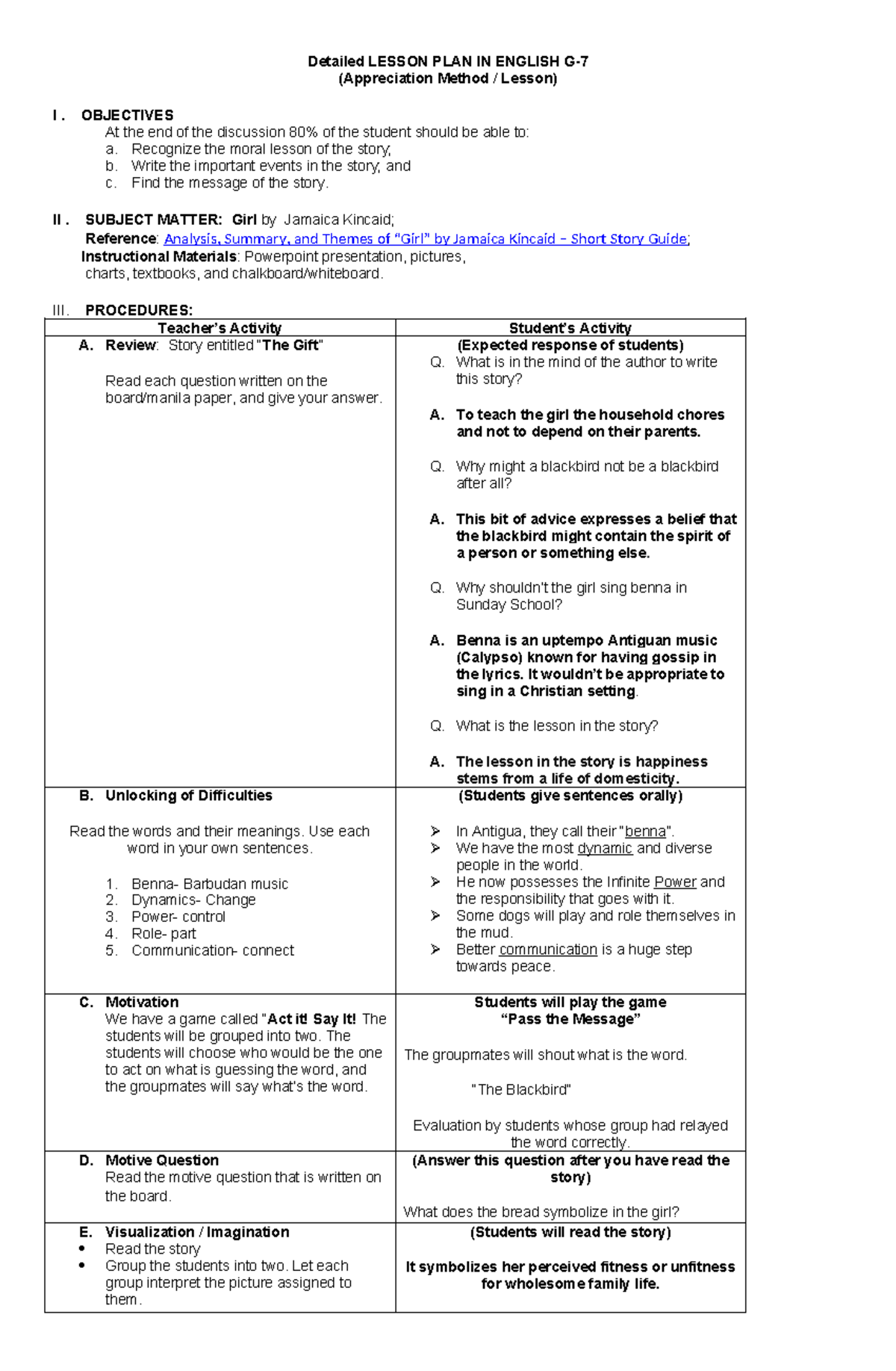 Detailed Lesson Plan in English G 7 Appreciation Lesson - Detailed ...