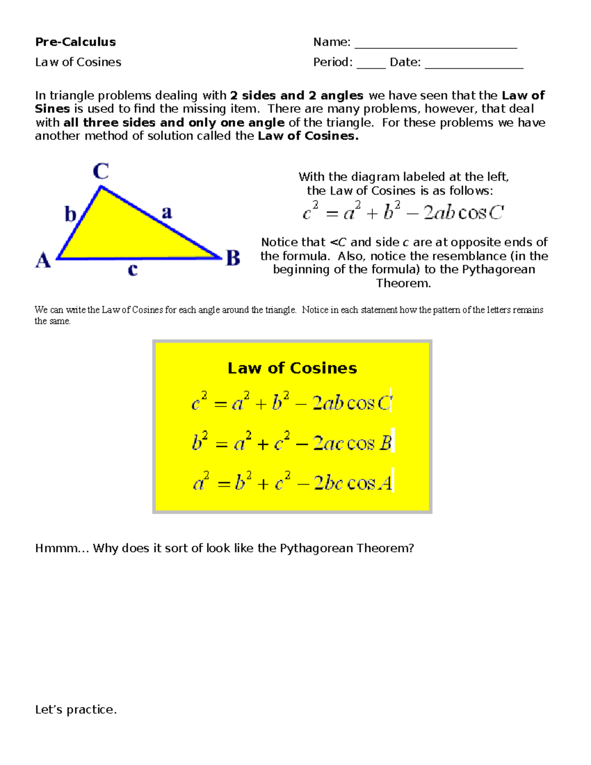 Notes on Law of Cosines and Sine - Pre-Calculus Name ...