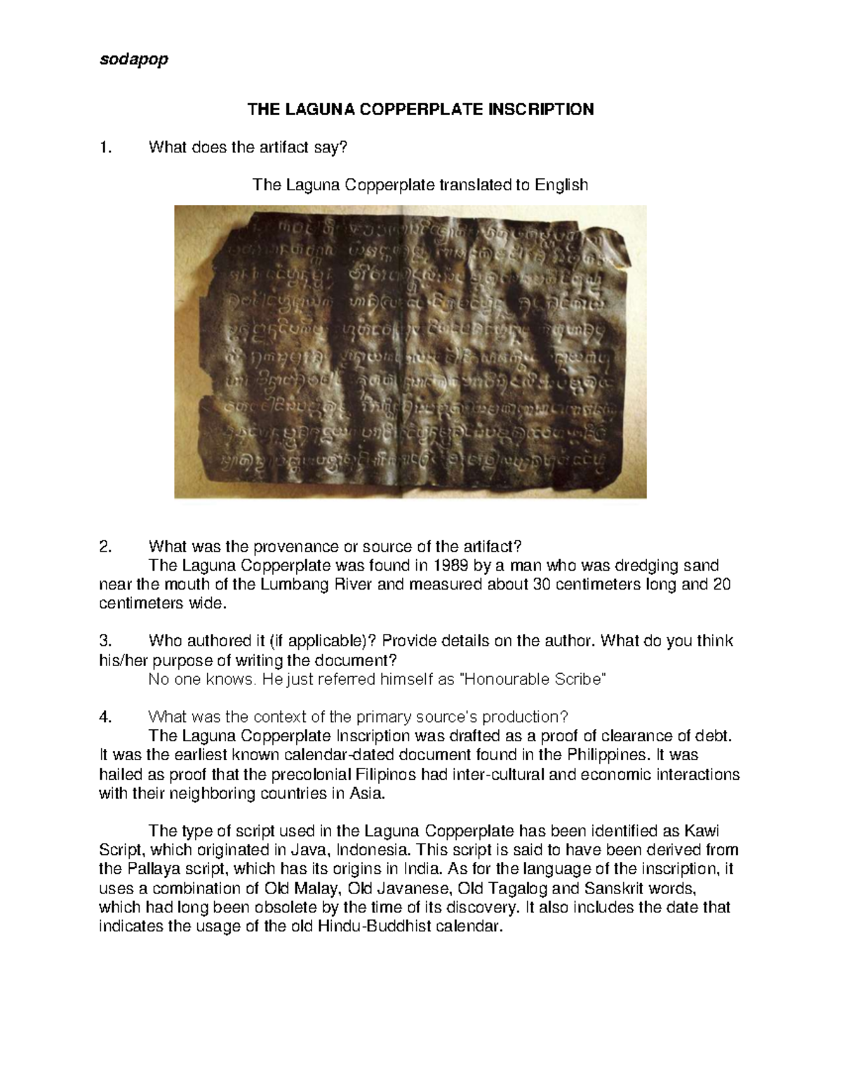 THE Laguna Copperplate Inscription sodapop THE LAGUNA COPPERPLATE