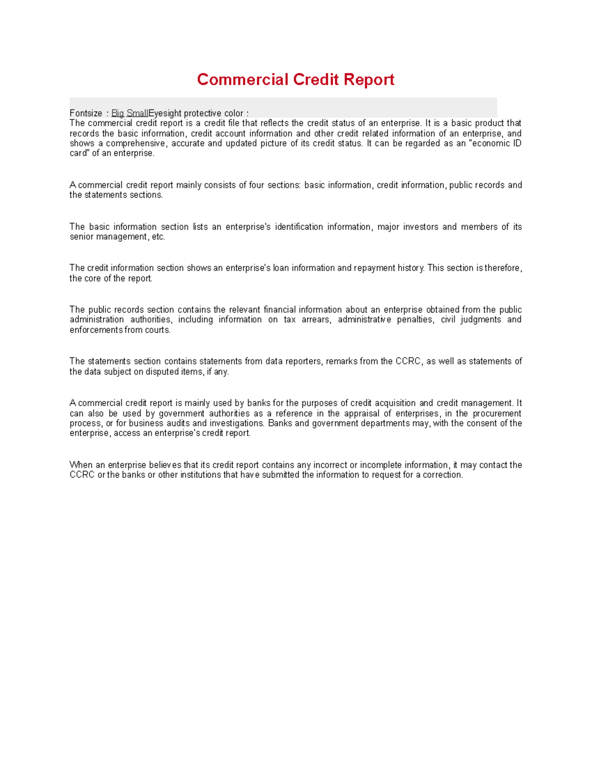 Commercial Reports for Example Commercial Credit Report