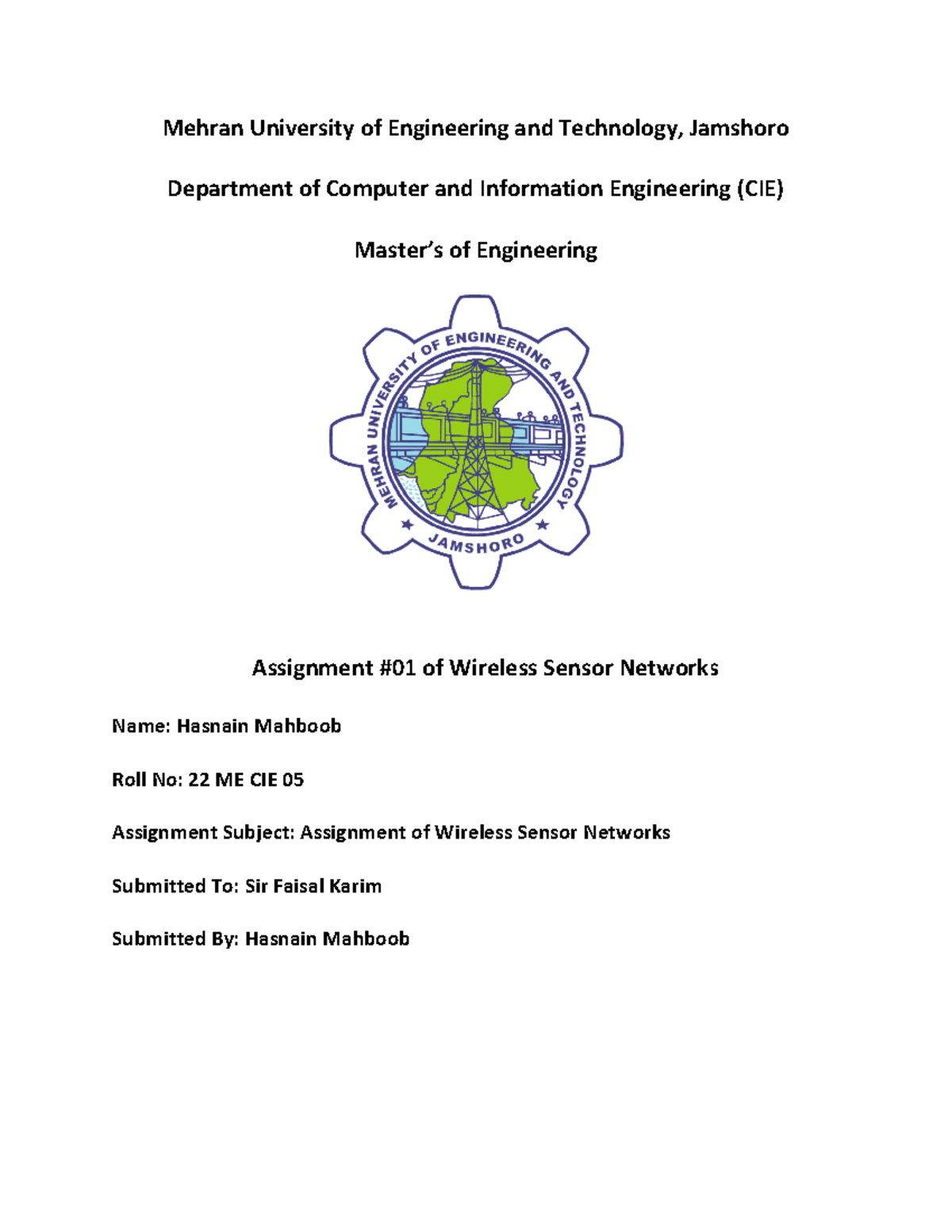 mehran university assignment front page