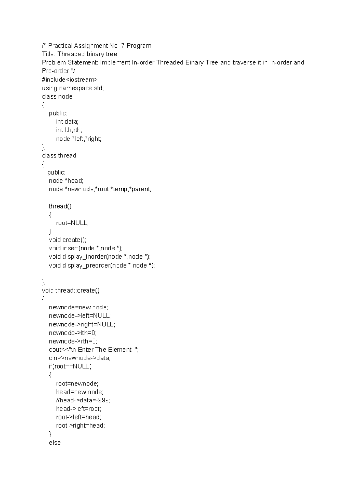 Inorder Threaded binary tree program - /* Practical Assignment No. 7 ...