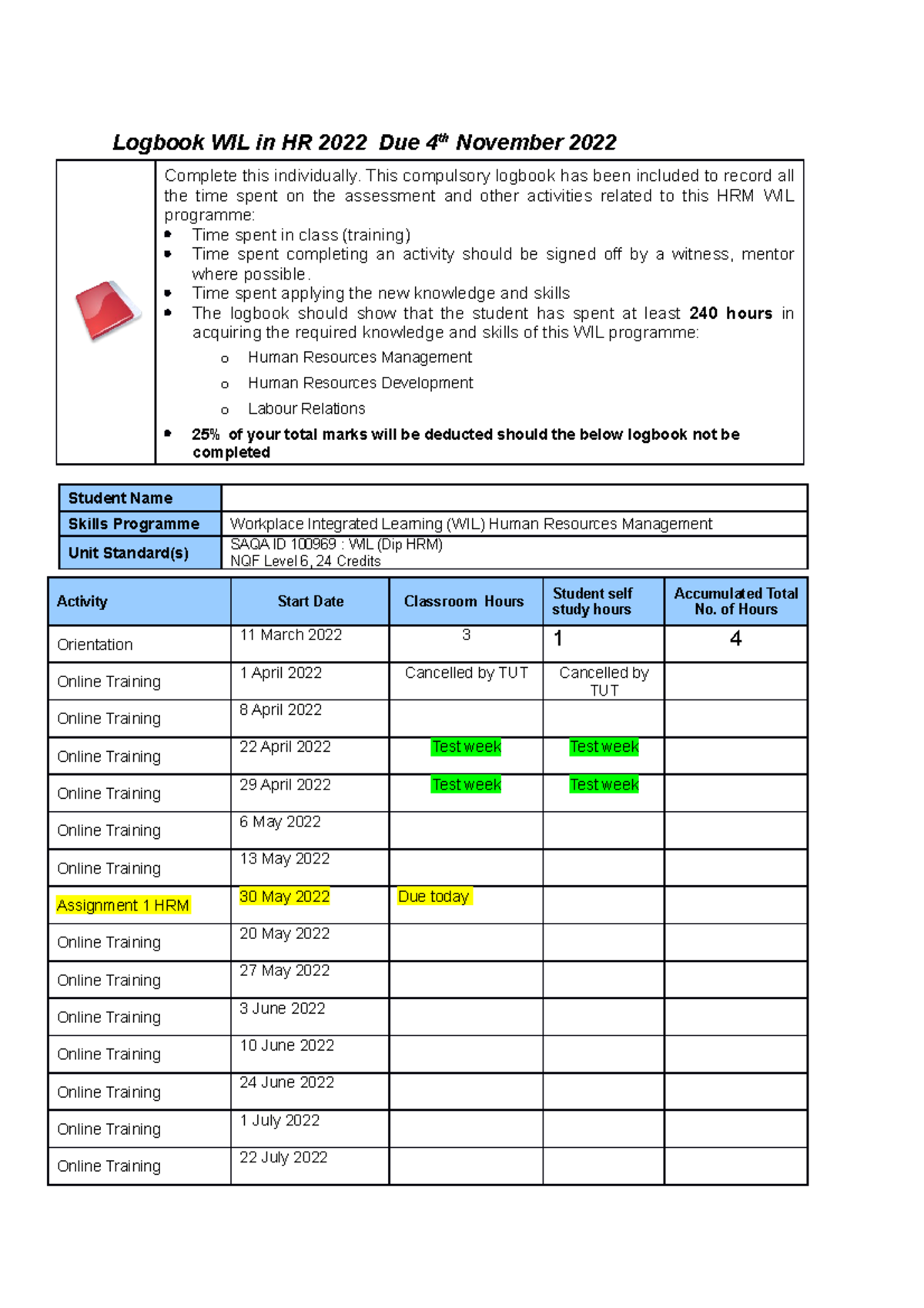 Logbook 20221 kgjhm Logbook WIL in HR 2022 Due 4th November 2022