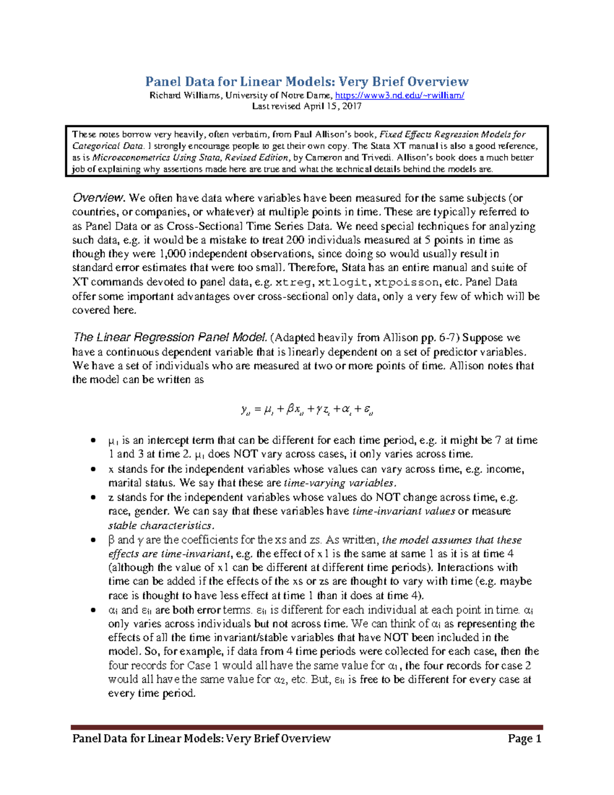 Panel Data for Linear Models - Very Brief Overview - Panel Data for ...