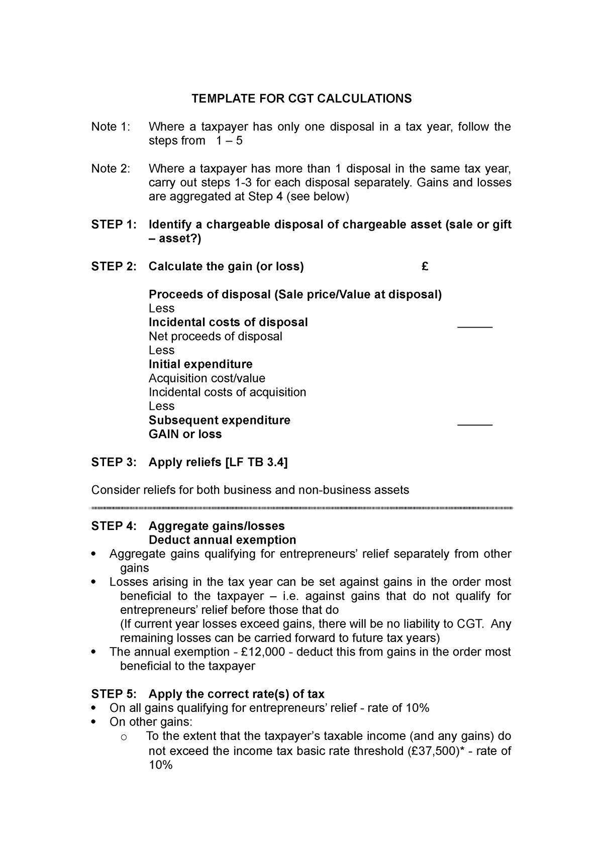 Template FOR CGT Calculations TEMPLATE FOR CGT CALCULATIONS Note 1