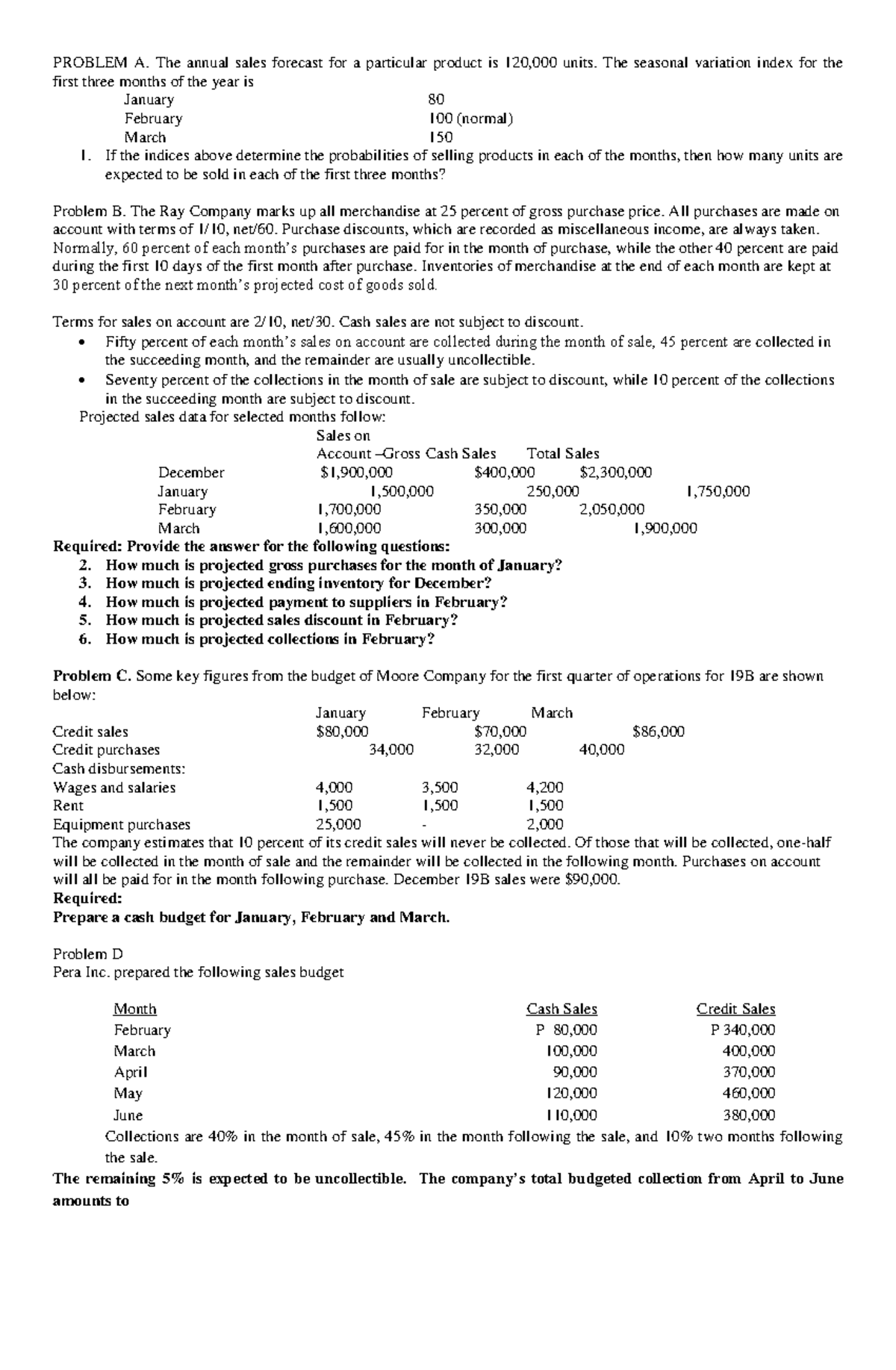 Budgeting Seatwork - PROBLEM A. The annual sales forecast for a ...