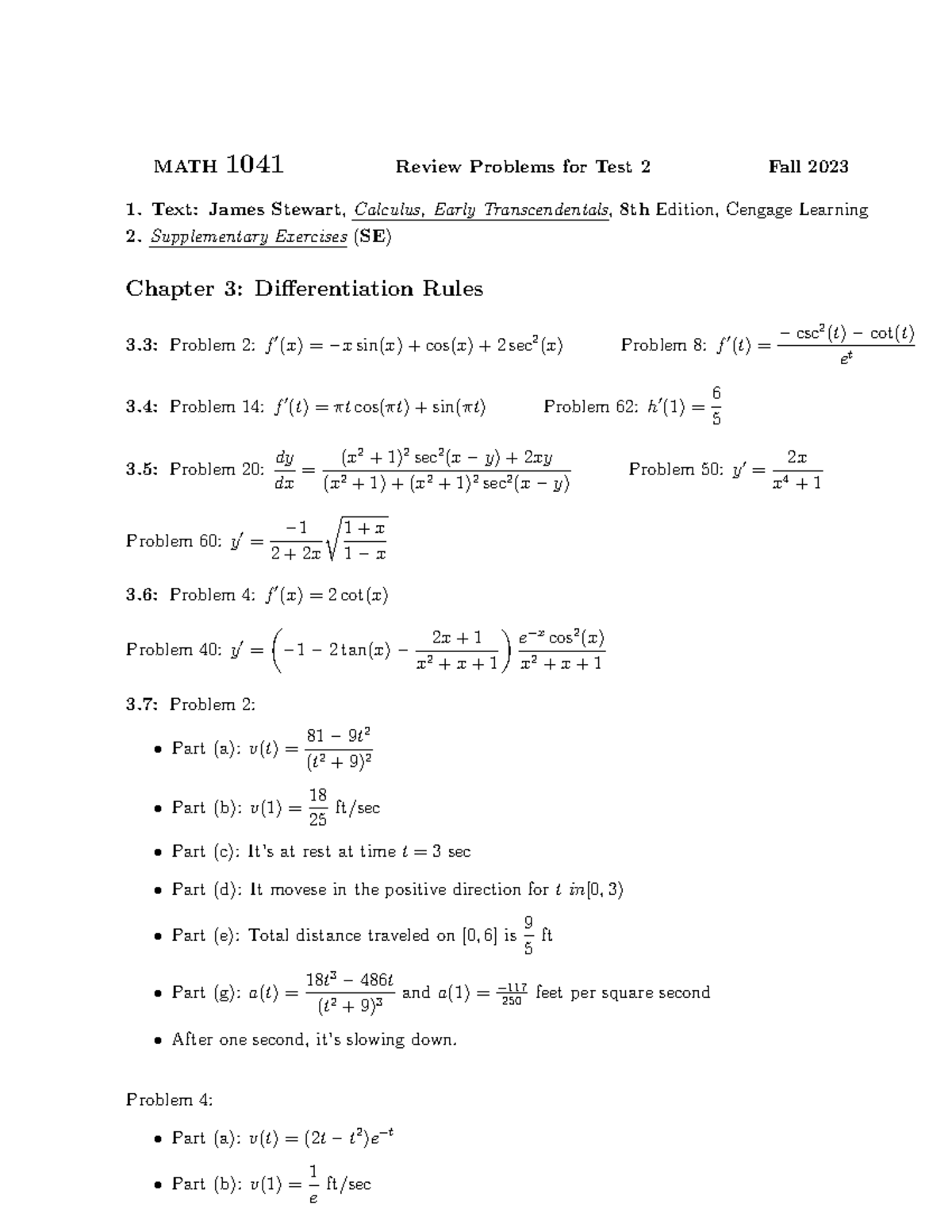 Math1041Midterm 2Review Sheet Fall 2023Even Answers - MATH 1041 Review ...