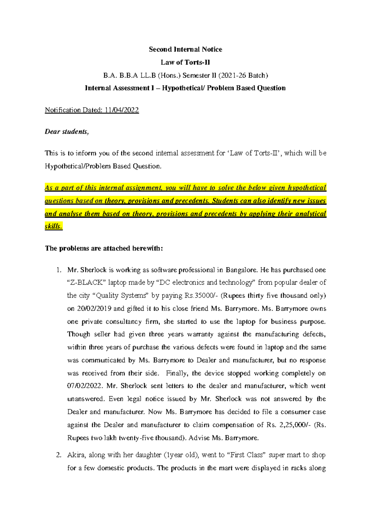 2nd Internal Notice- Law of Torts - Second Internal Notice Law of Torts ...