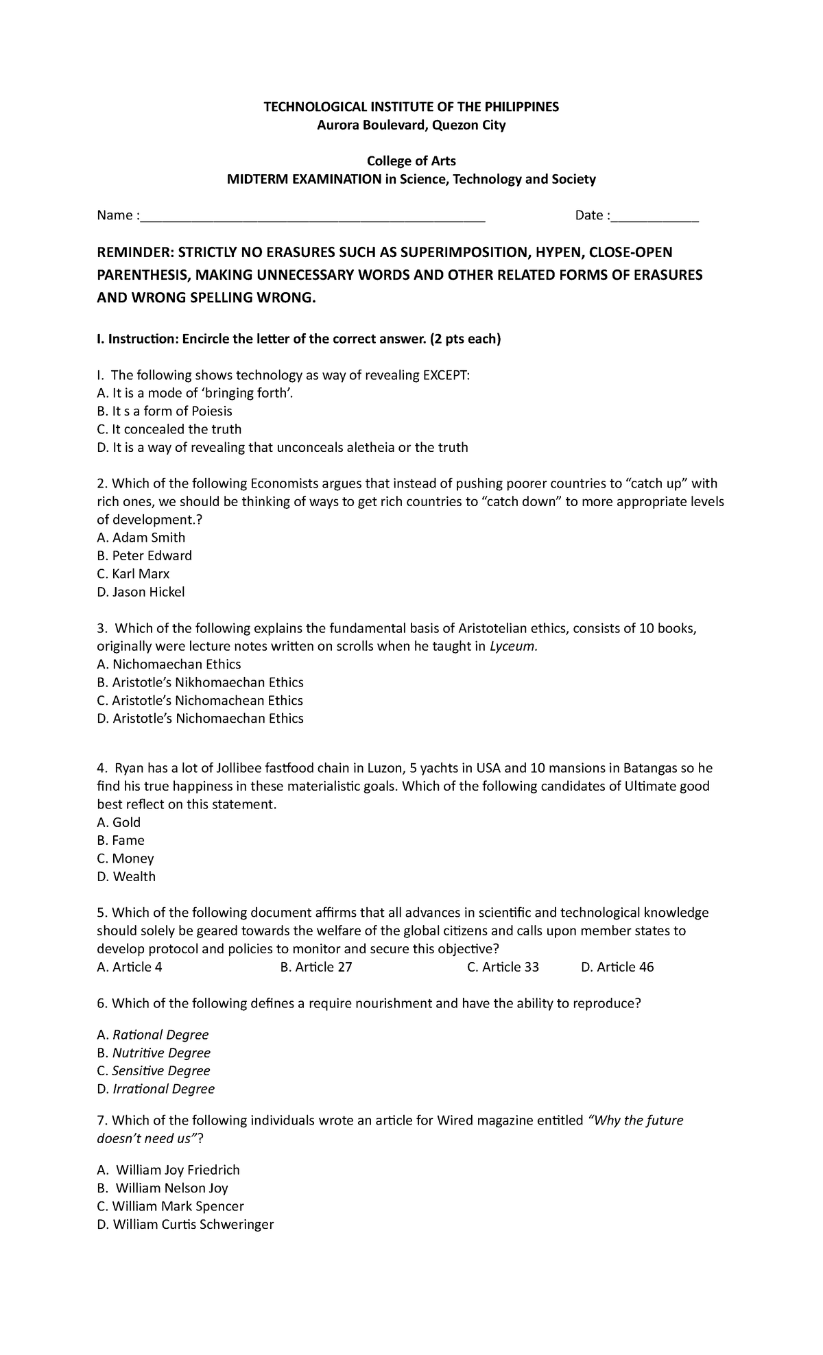 Midterm Science and technology socirty - TECHNOLOGICAL INSTITUTE OF THE ...