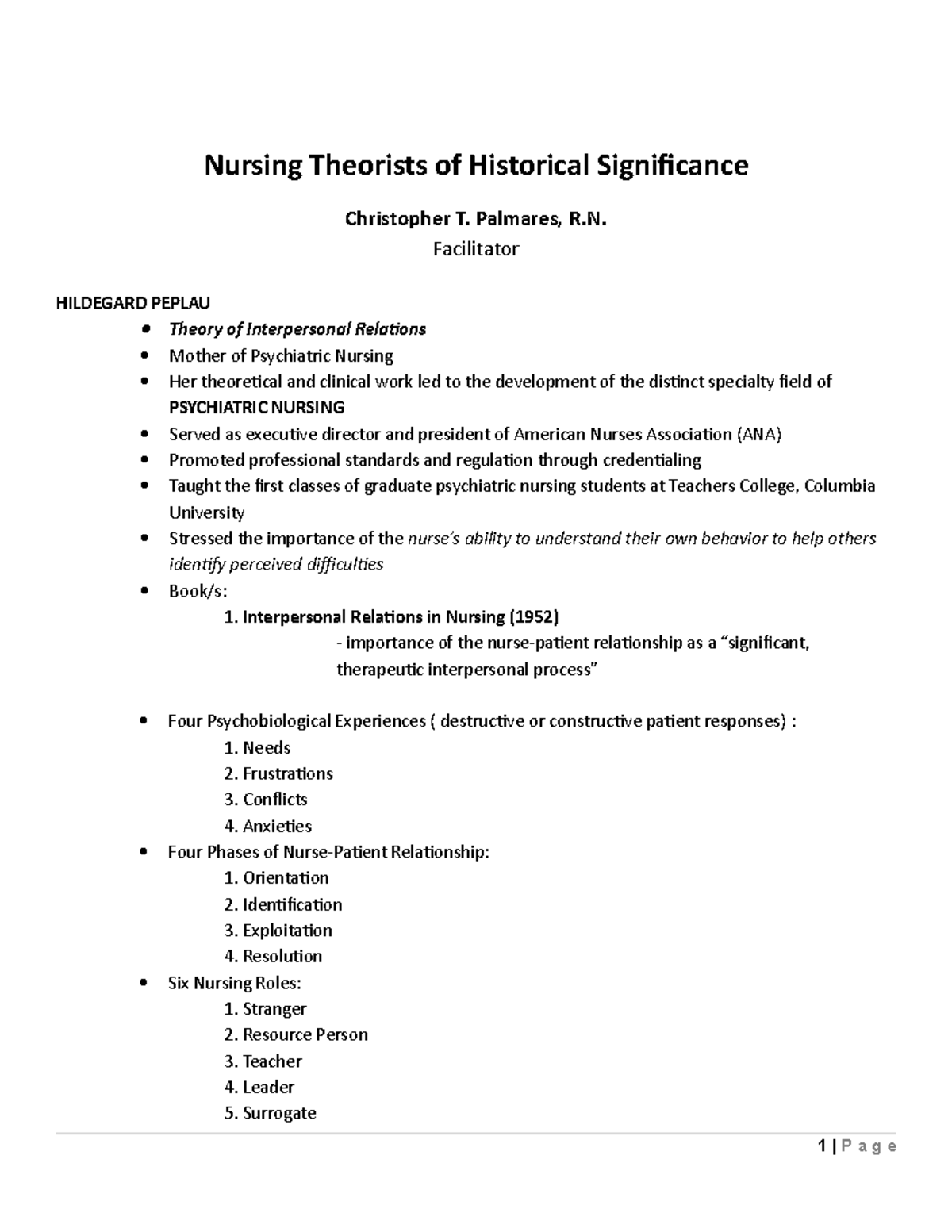 8 Nursing Theorists of Historical Significance handouts COLLEGE OF