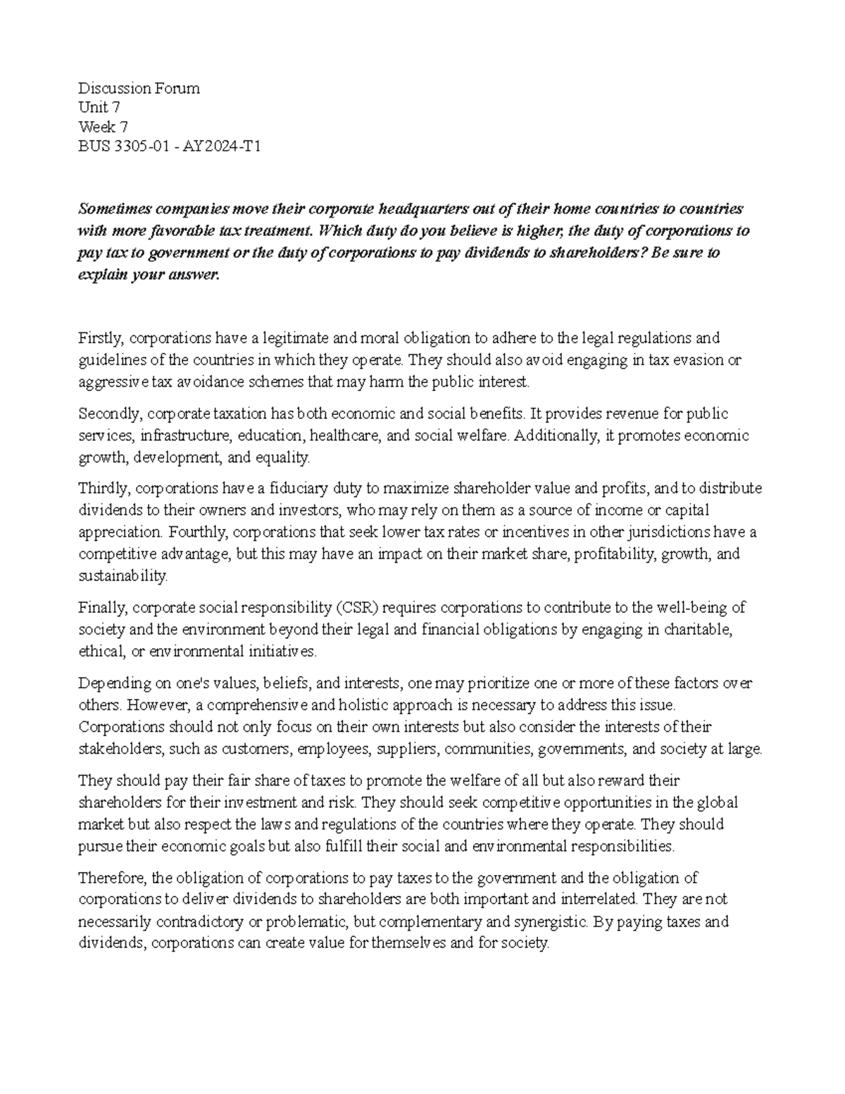 Discussion Forum Law W7 Discussion Forum Unit 7 Week 7 BUS 330501 AY2024T Sometimes