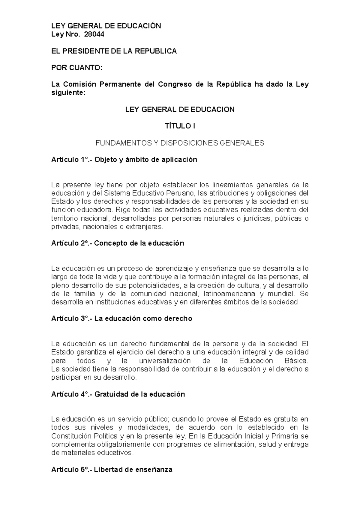 1.- Ley General de Educación 28044 y su Reglamento - LEY GENERAL DE ...