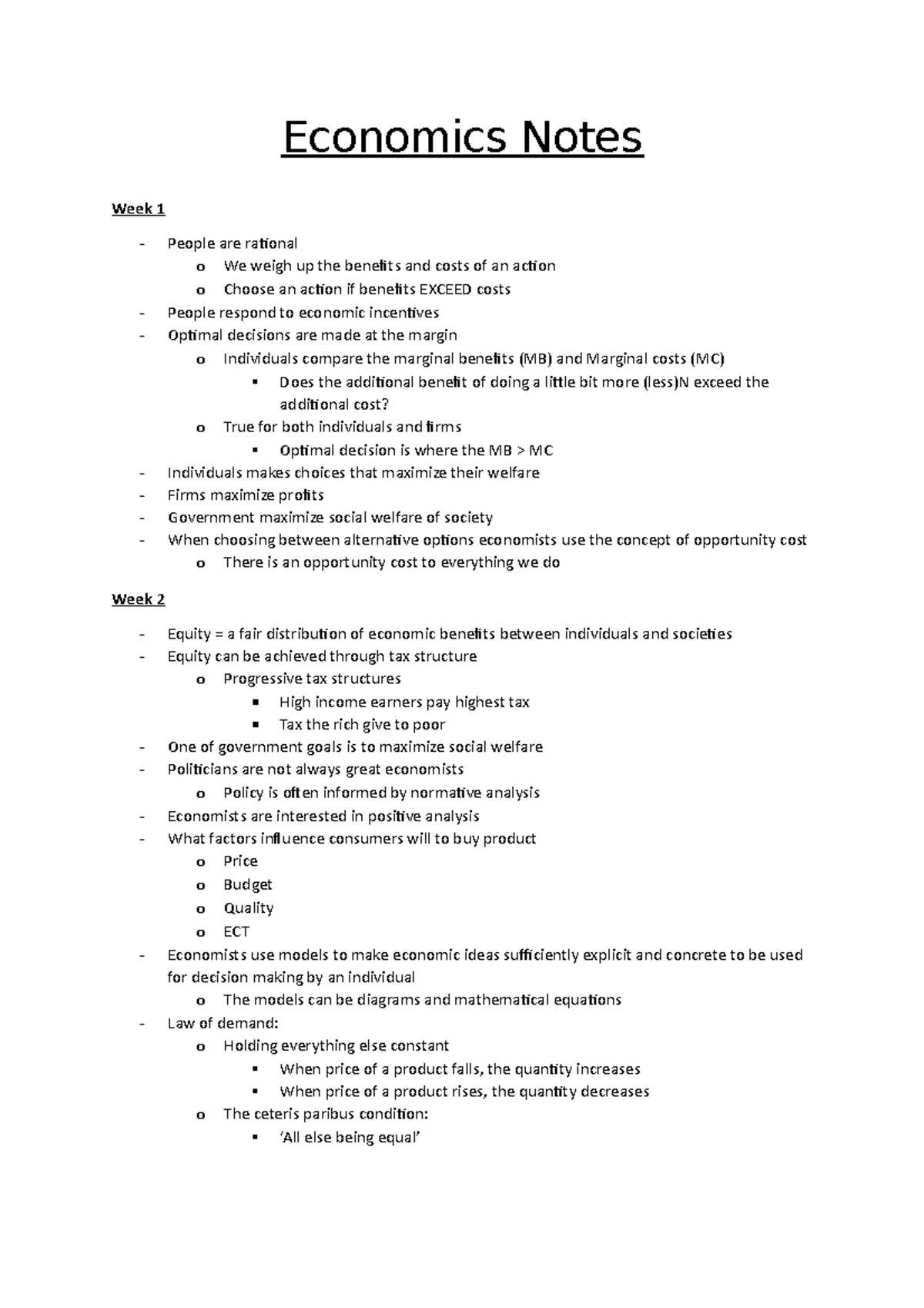 Economics Notes - Economics Notes Week 1 - People are raional o We ...
