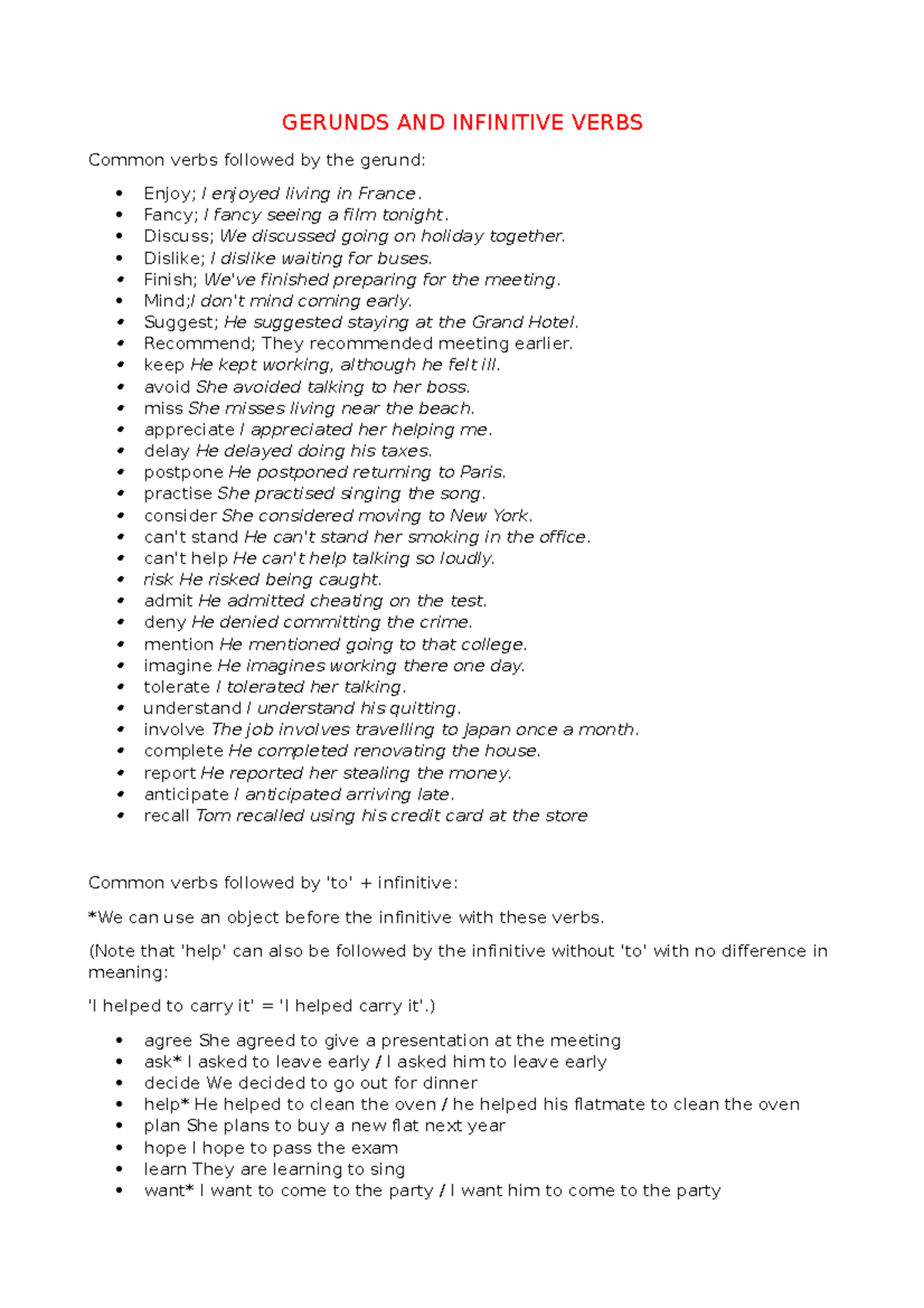 Gerunds AND Infinitive Verbs - GERUNDS AND INFINITIVE VERBS Common ...