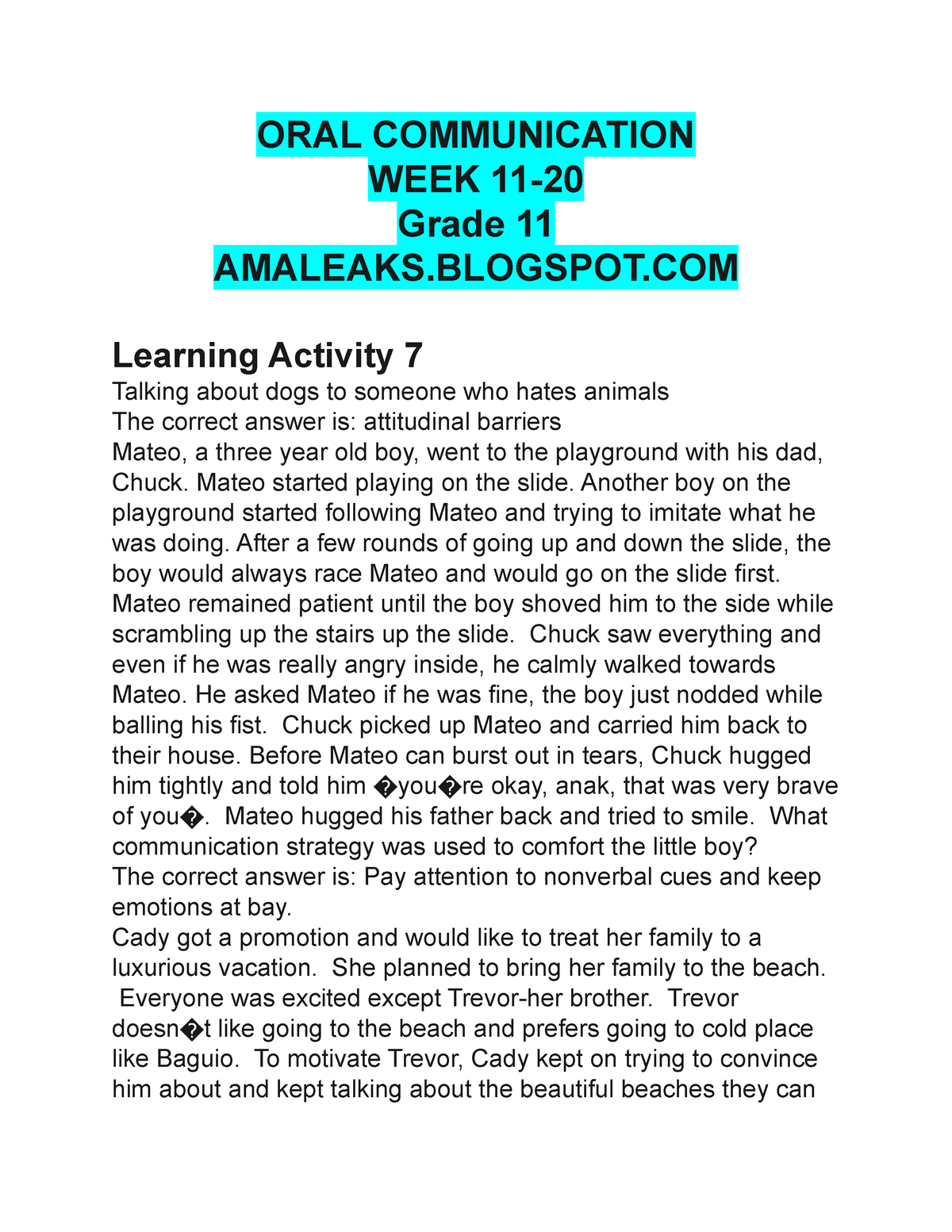 Oral And Communication - ORAL COMMUNICATION WEEK 11- Grade 11 AMALEAKS ...