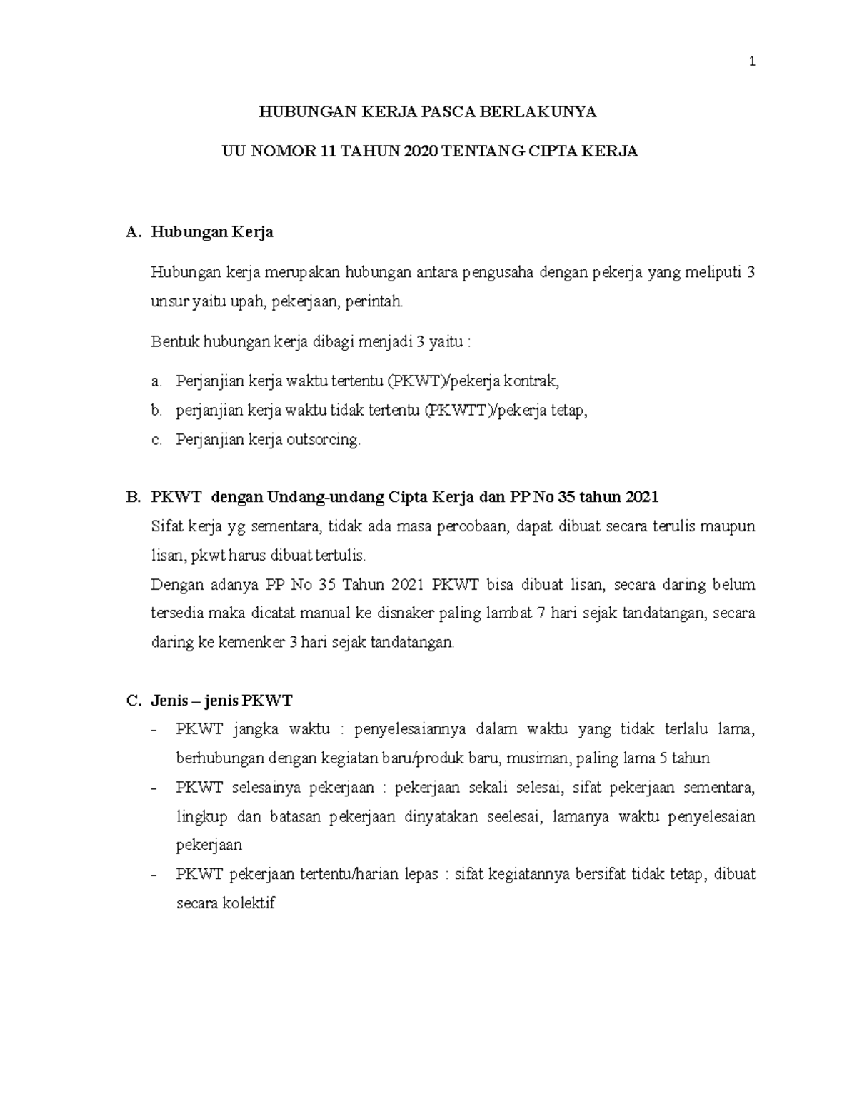 Resume UUCK - Ringkasan Isi Undang-undang Cipta Kerja - HUBUNGAN KERJA ...