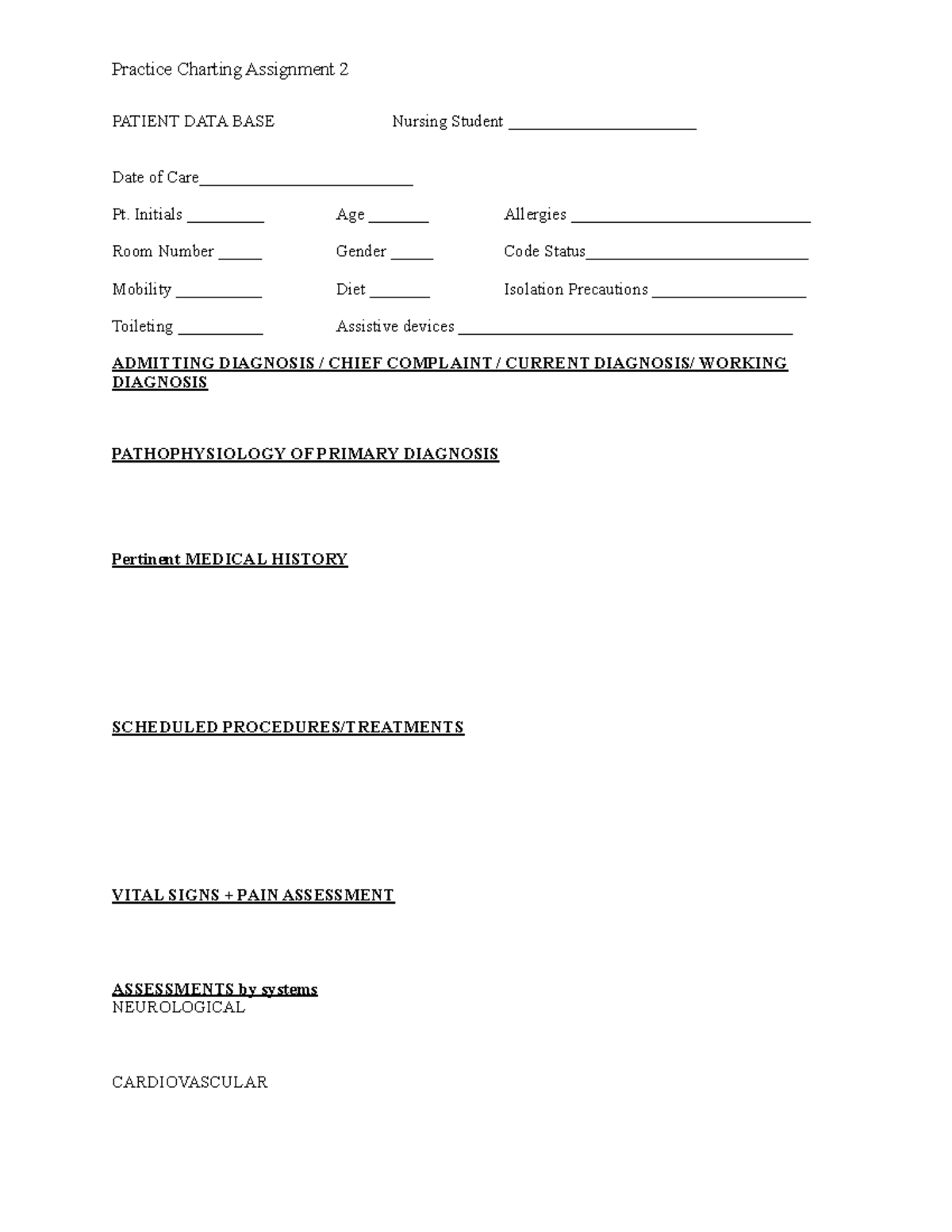 PCA2 Blank Chart notes Practice Charting Assignment 2 PATIENT DATA