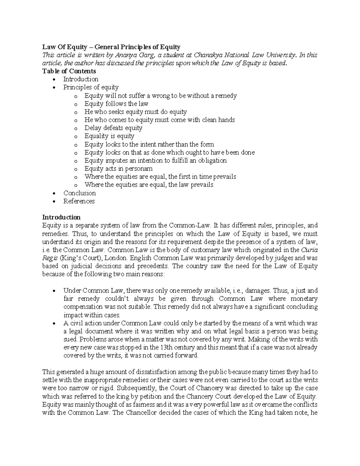 Law Of Equity - In this article, the author has discussed the ...