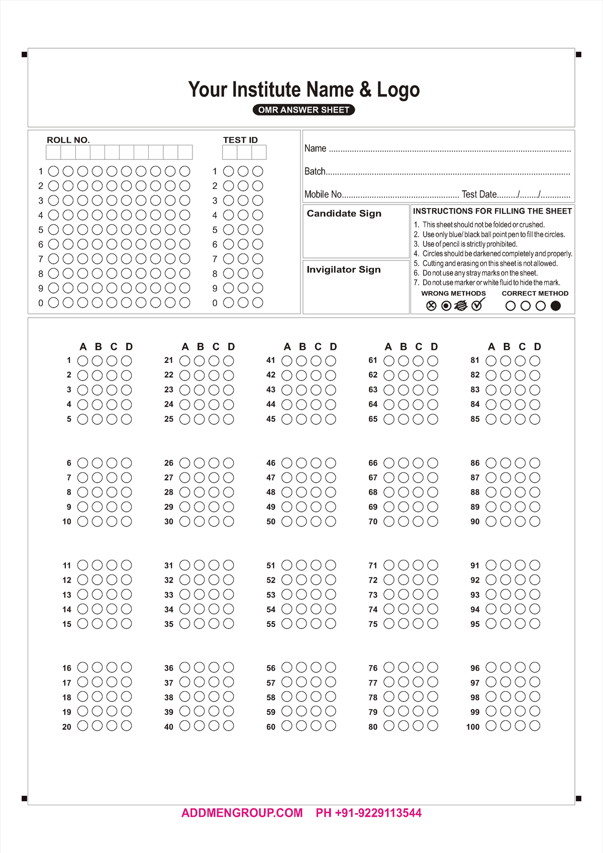 100 Questions OMR Sheet - ROLL NO. INSTRUCTIONS FOR FILLING THE SHEET ...