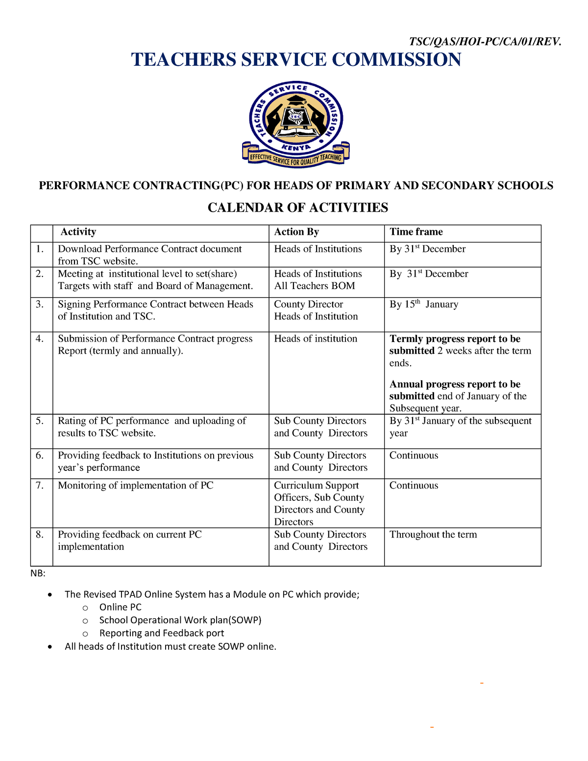 PC Calendar of activities for Heads of Primary and Secondary Schools