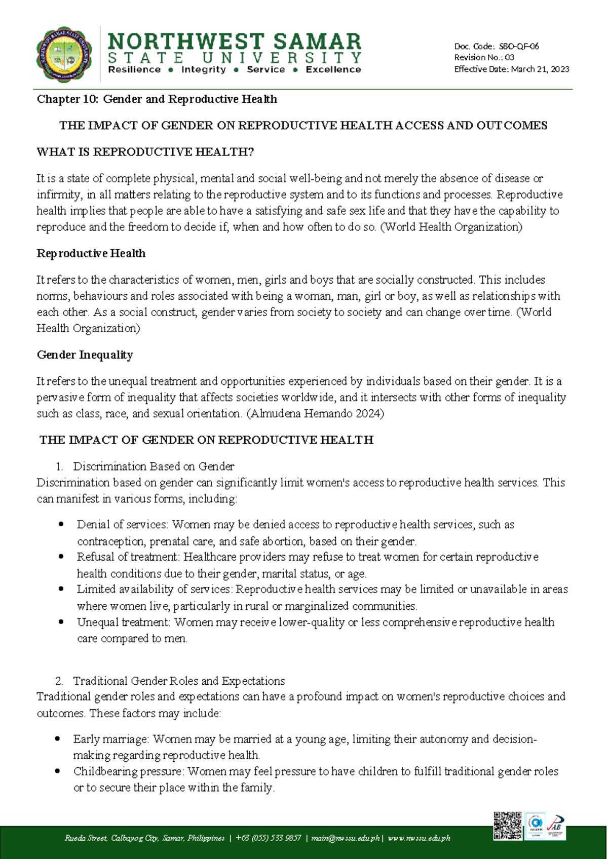 Gender & Rep - N/a - Revision No.: 03 Effective Date: March 21, 2023 ...
