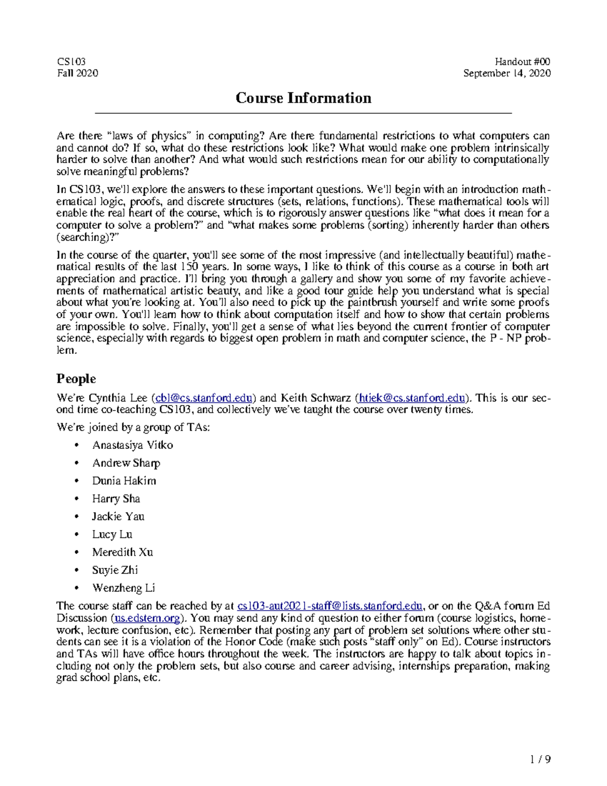 000 Course Information - CS Fall 2020 Handout # September 14, 2020 ...