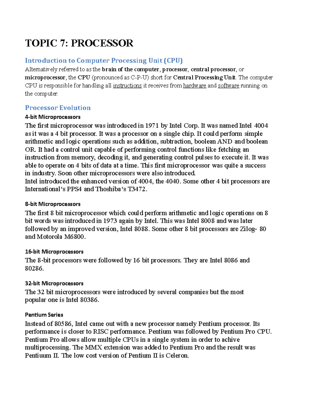 Topic 7 Processors (1) Hardware - TOPIC 7: PROCESSOR Introduction to ...