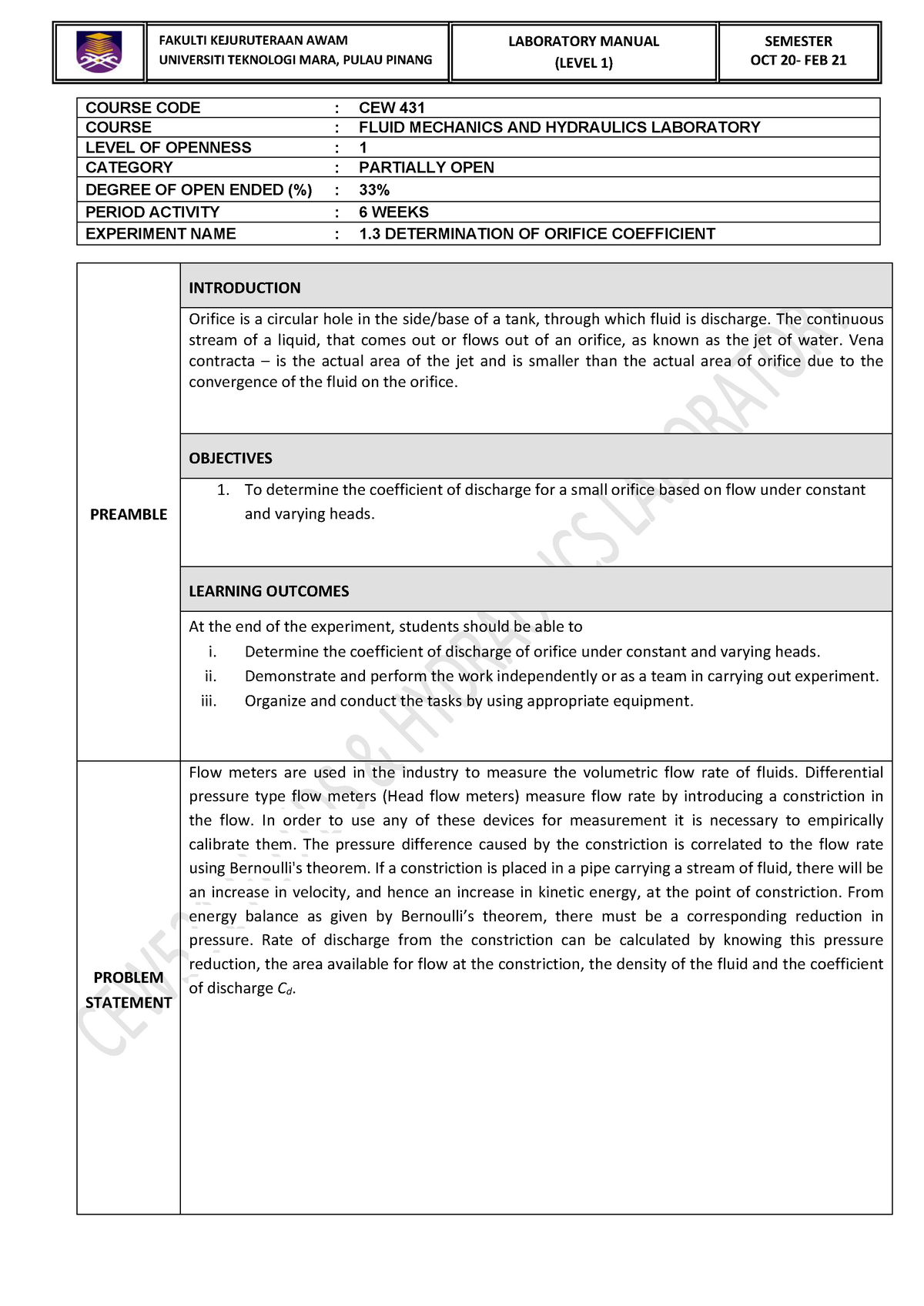 L03 Orifice Discharge Coefficient - FAKULTI KEJURUTERAAN AWAM ...