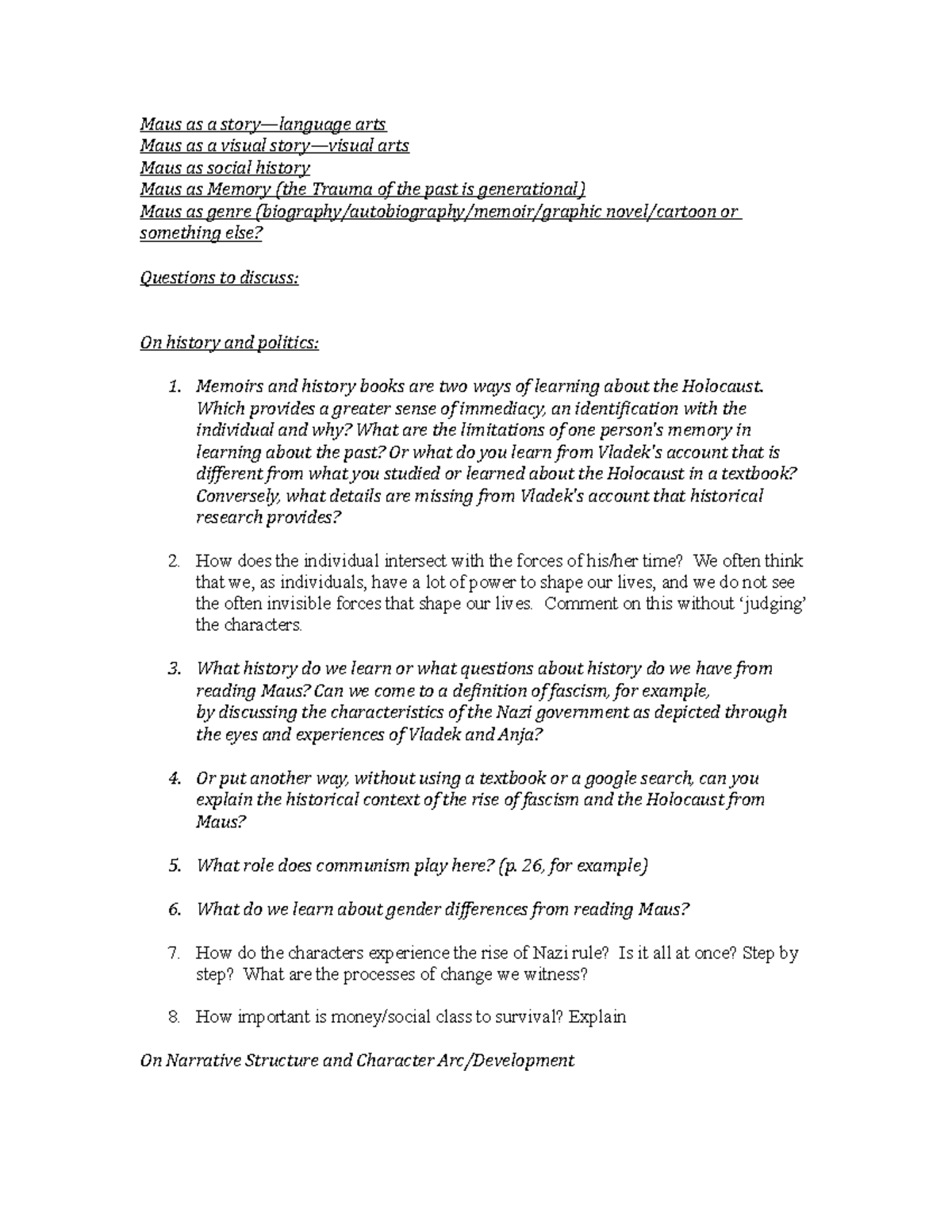 Maus Discussion Questions S23 - Maus as a story—language arts Maus as a ...