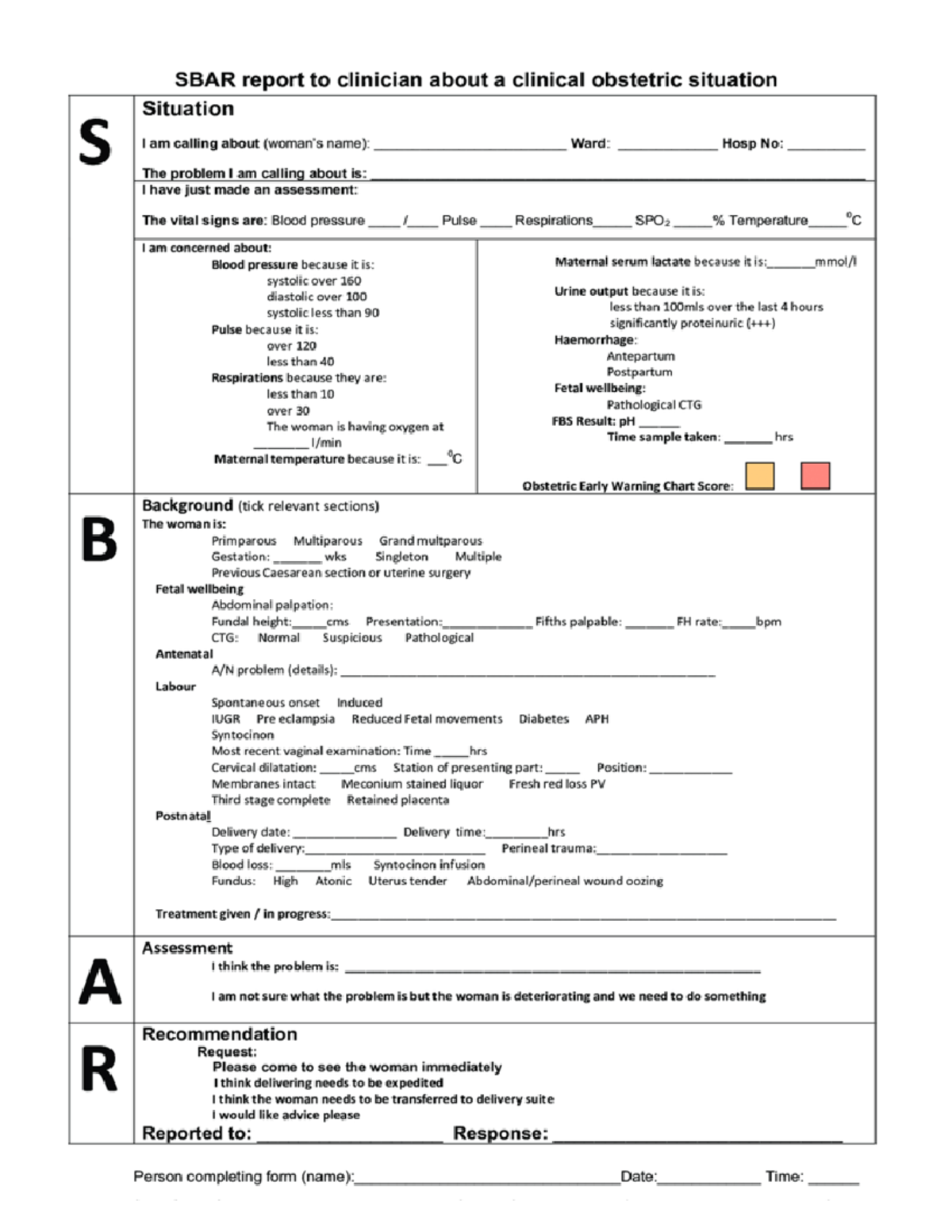 SBAR handout for OB/GYN situations - NURG 6000 - Studocu