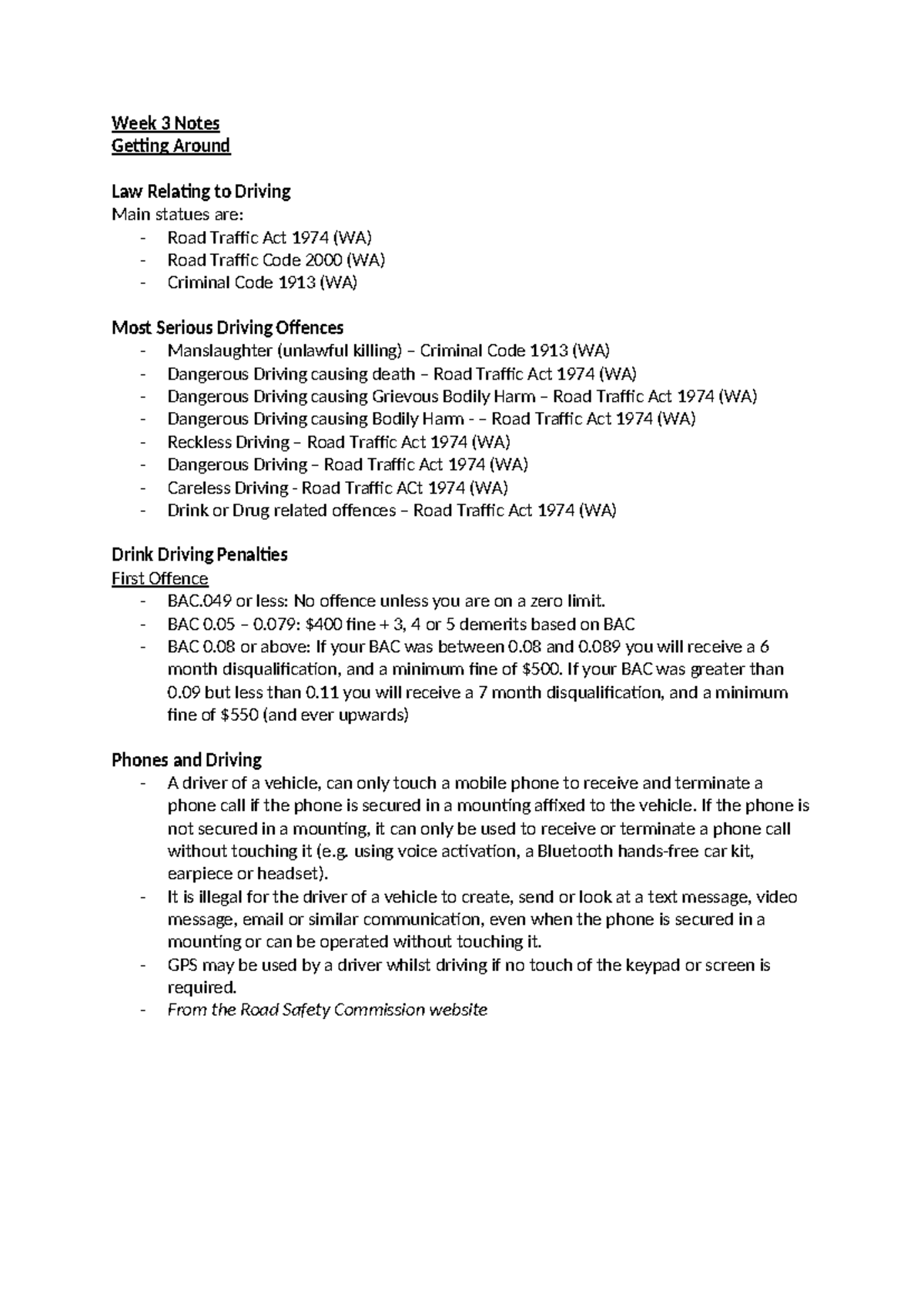 Week 3 Notes - Week 3 Notes Getting Around Law Relating to Driving Main ...